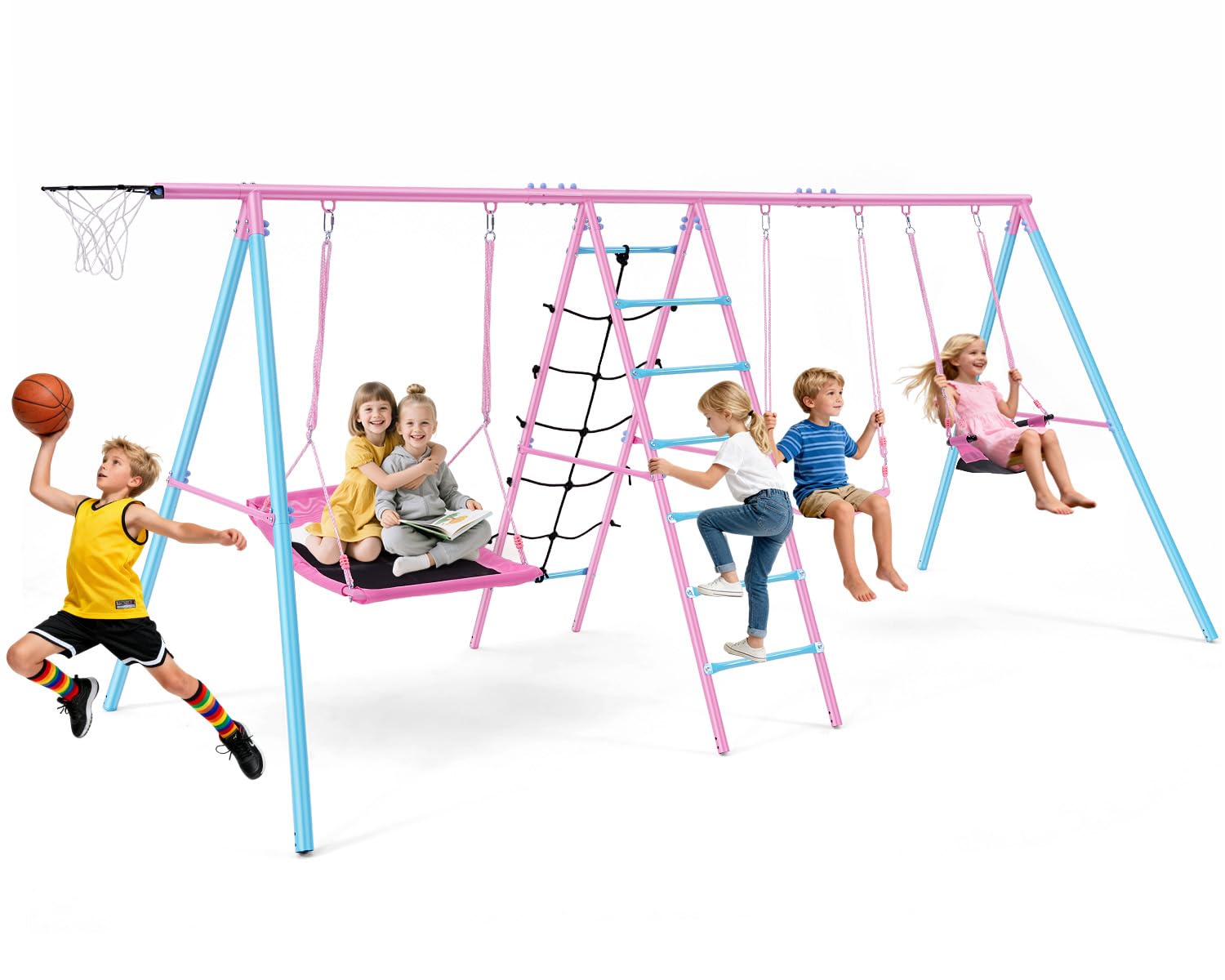 Heavy Duty Swing Sets for Backyard Kids 3-12, 700LBS 6-in-1 Outdoor Swingset for Playground with Basketball Hoop, 3 Adjustable Swings, Climbing Ladder Net - Large Metal Playset for Toddlers Children