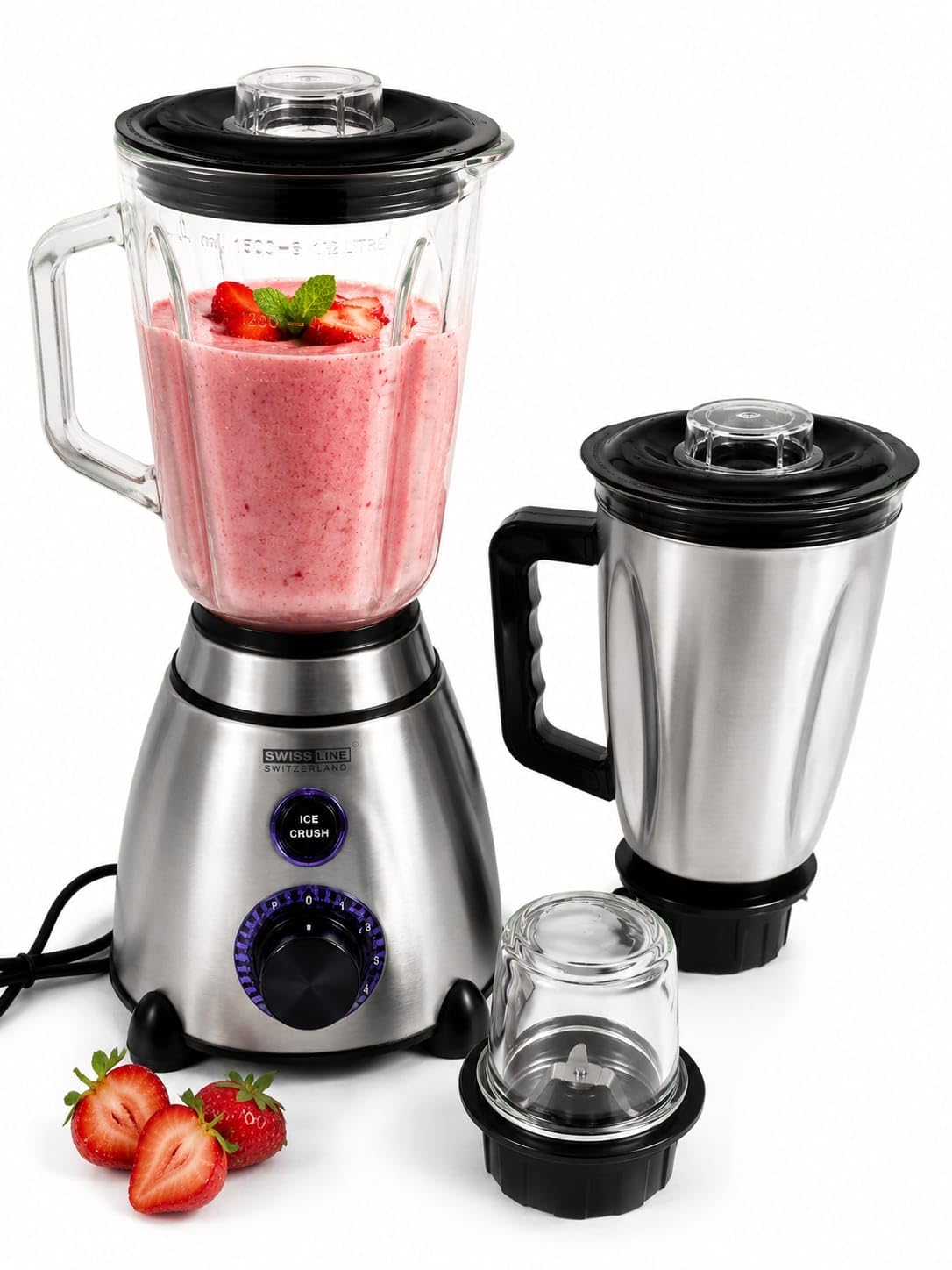 Swiss Line Licuadora Multifuncional 3 en 1, Acero Inoxidable, Jarra de Vidrio 1.5L, Vaso Mezclador, Molinillo, Función Ice Crush, 800W