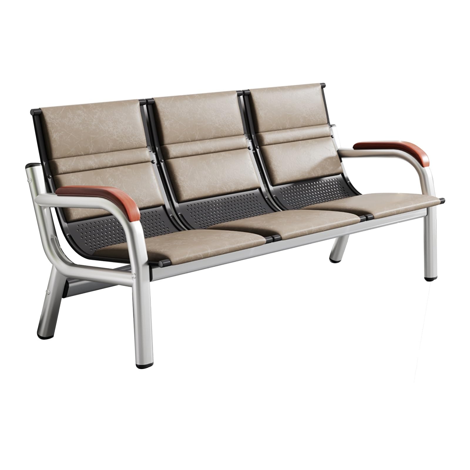 SnamicE 3Seat Office Bench with Wooden ArmrestsLeather Waiting Room Chairs for Airport Bank SalonComfortable Brown Reception Seating,Brown