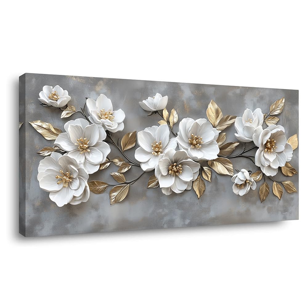 LAVIKARS Modern Gray Flowers Wall Art for Living Room Office White and Golden Floral Landscape Canvas Painting Prints Large Delicate Petals Artwork Kitchen Home Bedroom Decor (16x30 Inches)