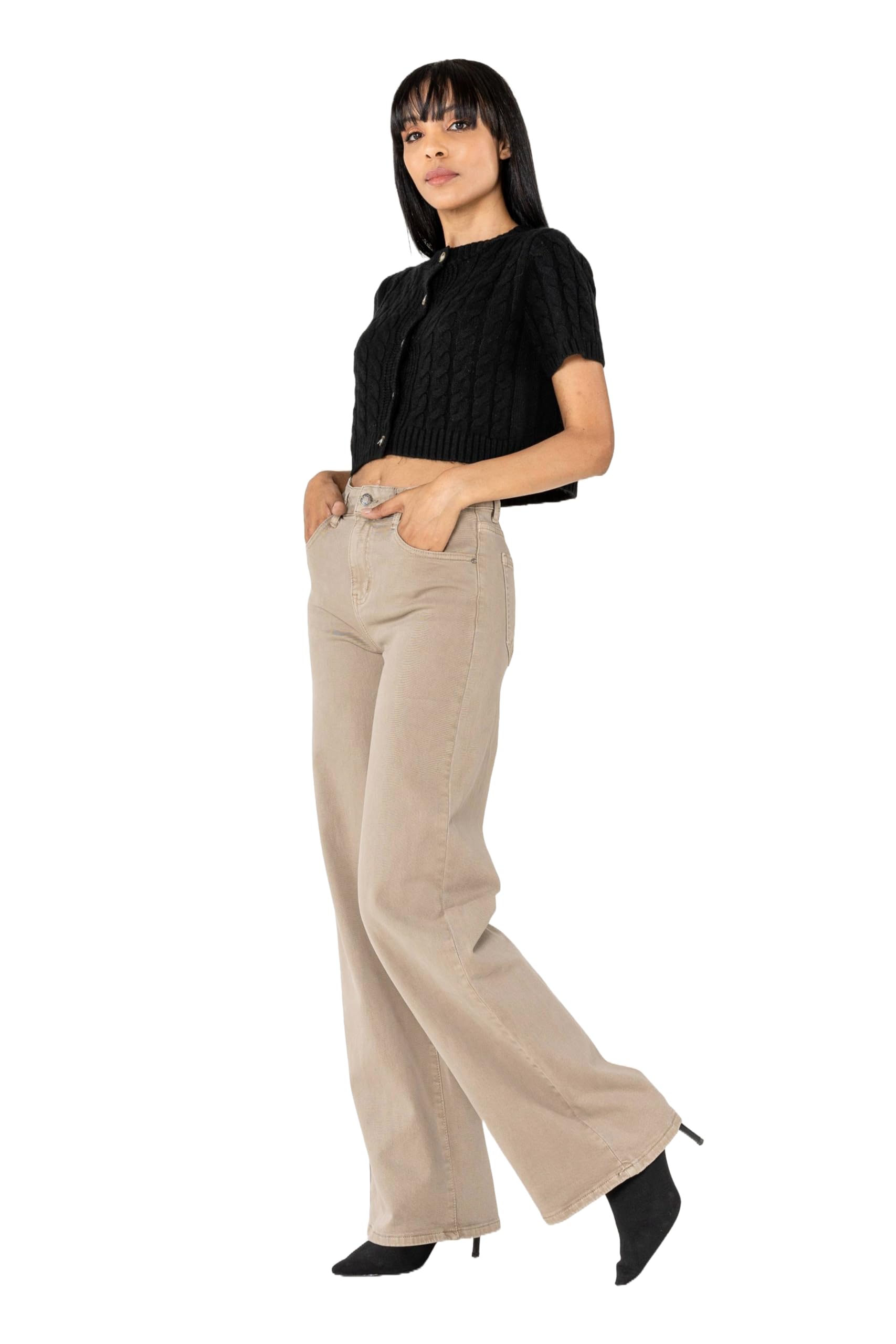 Nina Carter J251 damskie spodnie jeansowe z wysokim stanem szerokie nogawki rozciągliwe Used Look
