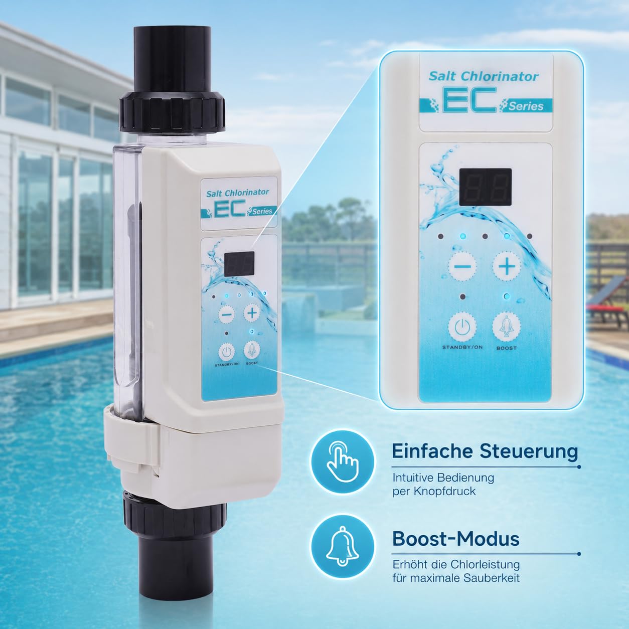 Clorinatore di sale per piscina, 38,7 cm, impianto di elettrolisi sale, clorinatore per piscina, bianco, moderno, in plastica, per la cura dell'acqua salata