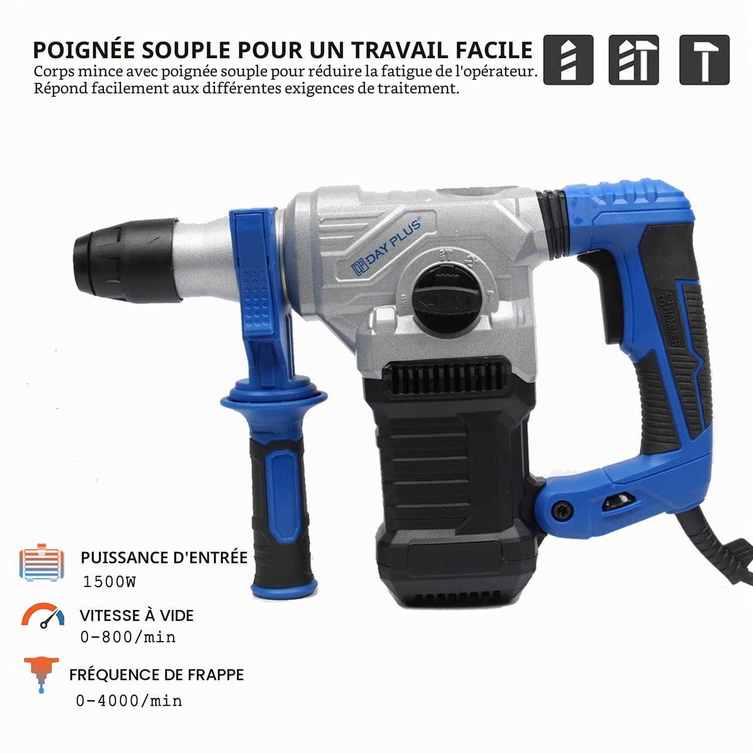 Marteau-perforateur électrique, Marteau piqueur Utilisé pour le Béton,le Métal et la Pierre (1500W,4 Modes, Mandrin SDS Plus,Tête robuste en aluminium,Livré avec accessoires et Mallette de rangement)