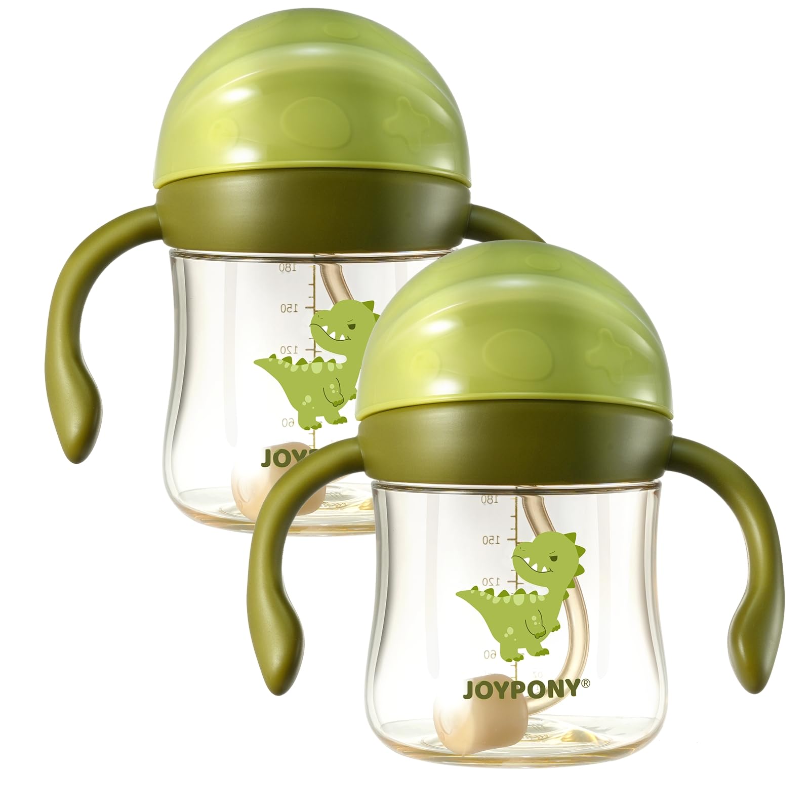 Joypony PPSU Sippy Cup for Toddlers 6-36 Months, Spill Proof Weighted Straw Cup with V-Valve & Handles, 177ml BPA Free Baby Water Bottle for Transition with 2 Silicone Straws & Brush Green, 2 PCS