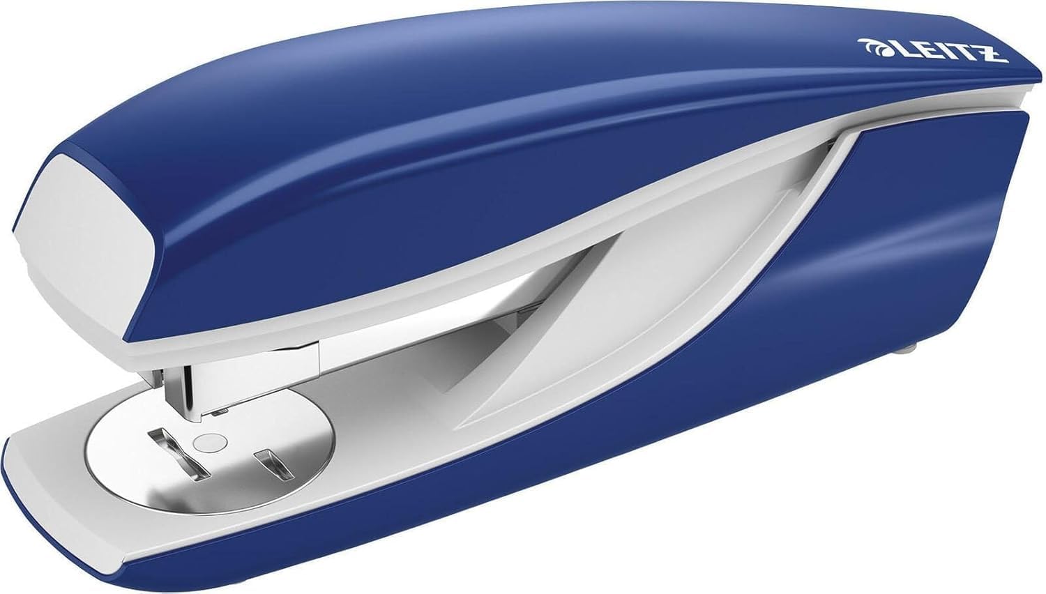 Leitz Next 5522 Stapler in blue, shown from a slight angle with its stapling mechanism visible.