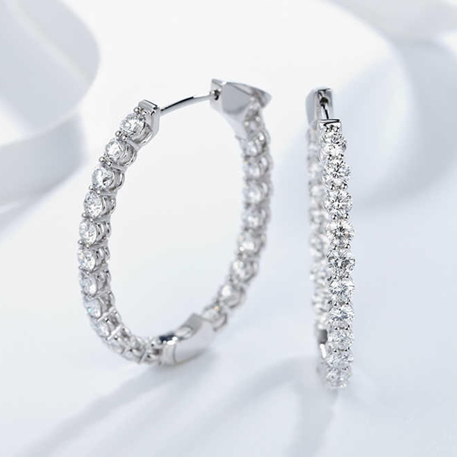 Creole Hoop 9K/14K/18K białe złoto, białe laboratorium stworzone diamenty duże okrągłe kolczyki na sztyfcie Boże Narodzenie, szlif okrągły, 18/14/9-karatowe złoto, kolczyki wiszące, prawdziwe