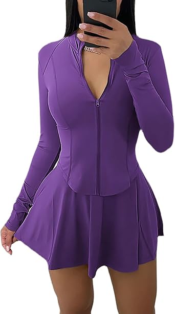 Vssjavun Women 2 Piece Outfits Long Sleeve Workout Jacket Mini Skirt Sets