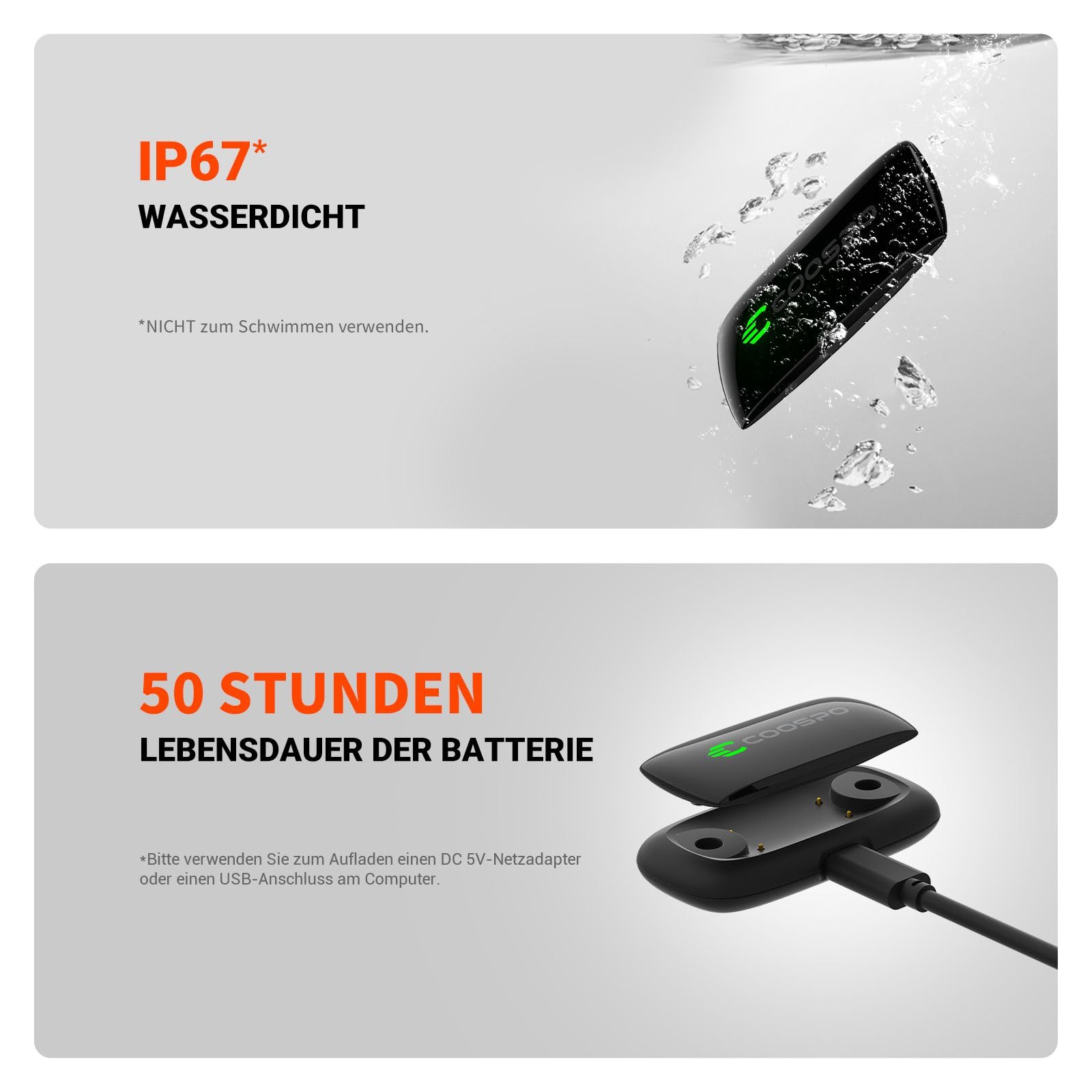 COOSPO H9Z Pulsmesser Brustgurt, Wiederaufladbare Bluetooth 5.0/ ANT+ Herzfrequenzmesser Brustgurt, IP67 Wasserdichter HRM Fitness Tracker Kompatibel mit Polar Wahoo Strava Garmin