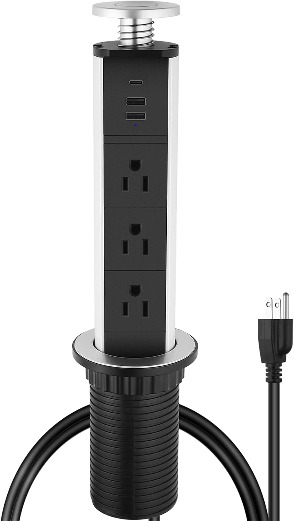 Retractable Pull Pop up Outlet with USB C,2.5'' Diameter Round Pop Up Counter Outlet,Pop Out Outlet with 3 Outlets,2 USB A,1 USB C,6ft Power Cord,Hidden Outlet,Worktop Desk Pull Pop-up Socket