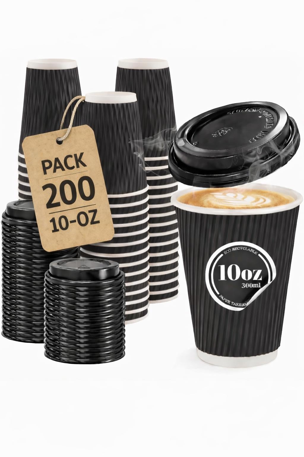 200 x 10oz (300ml) Black Disposable Ripple Kraft Triple Walled Paper Cups and LIDS 10 Ounce (for Tea, Coffee, Cappuccino Hot Drinks, Takeaway 200 Pack 10 oz Ripple Cups and Lids