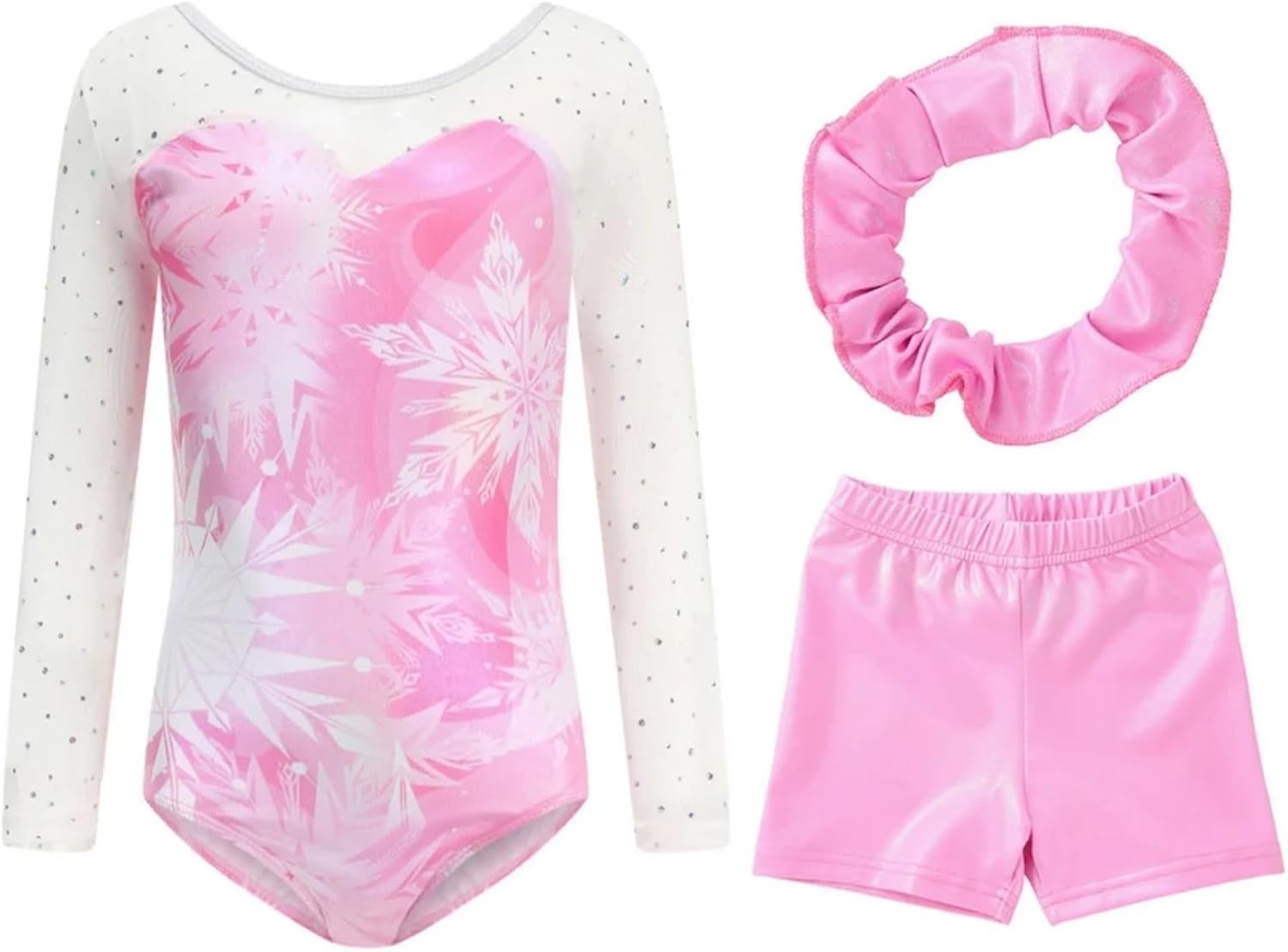Girls Gymnastics Leotards Bodysuit Long Sleeves Ballet Dance Set Workout Figure Skating Jumpsuit With Shorts Hairband