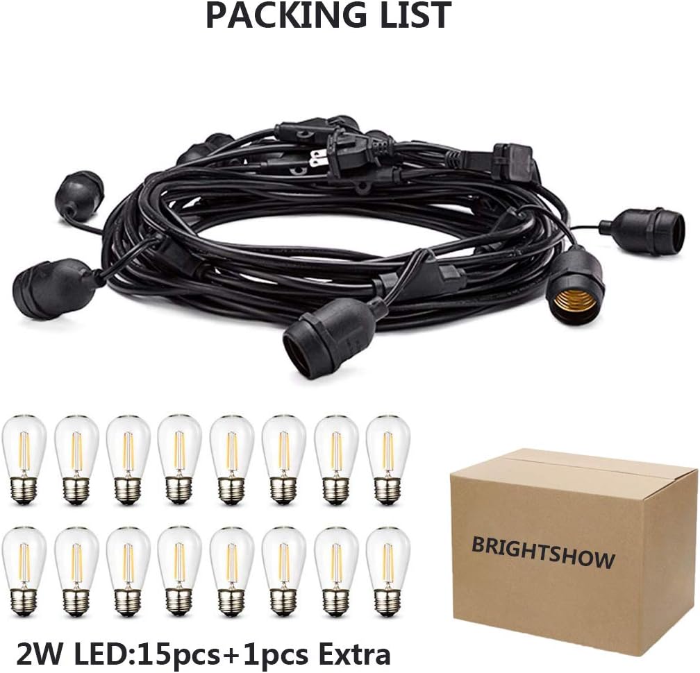 48FT LED Outdoor String Lights Waterproof Dimmable 15PCS 2W Vintage Edison Glasses Bulbs Commercial Grade Patio Light Create Cafe Ambience in Your Backyard (48FT)