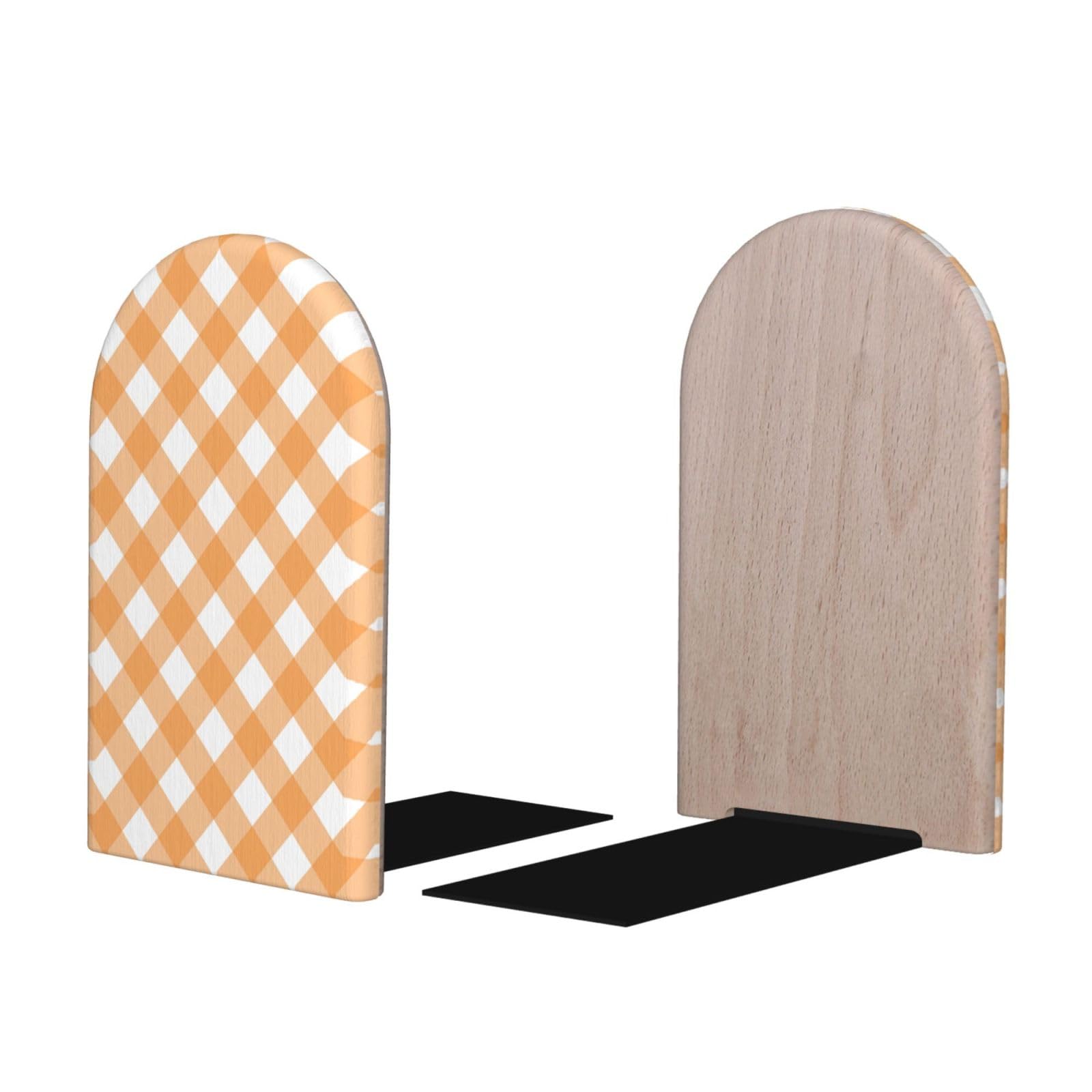 Orange White Plaid Print BookEnds 1 Pair, Decorative Bookends for Heavy Books, Wood Book Ends for Shelves, Book Organizer for Home Desk Office Supplies