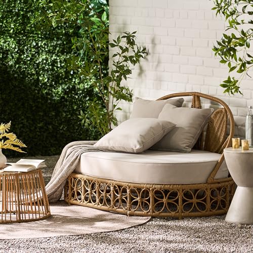 Image of Merax Outdoor Wicker Daybed with Water Resistant Cushion and 3 Throw Pillows, Boho Patio 60 inch Rattan Sun Day Bed for Lawn Garden Backyard Pool, All-Weather, Light Brown