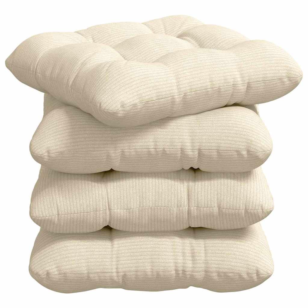 Sitzkissen 4er Set Creme 45x45x12 cm - Weiche Stuhlkissen aus Cord mit abnehmbarem Bezug - Gemütliche Dekokissen für Esszimmer, Wohnzimmer und Homeoffice