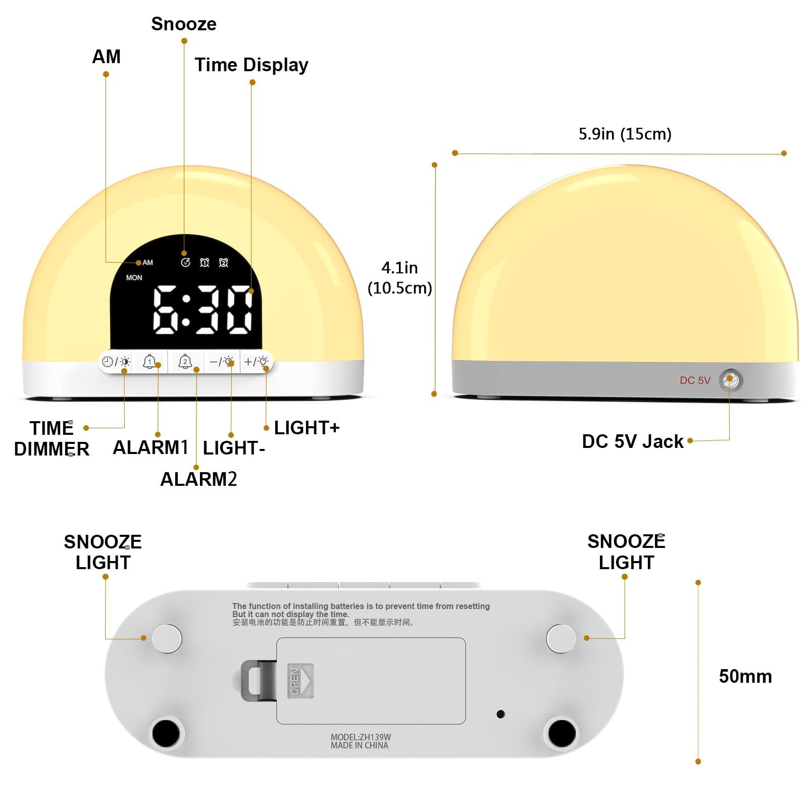 Réveil Lumineux Wake Up Light Sunrise, Double Alarme, Simulation Douce Du Lever Du Soleil, Affichage à 4 Niveaux, Batterie De Secours, Design Compact pour La Chambre à Coucher