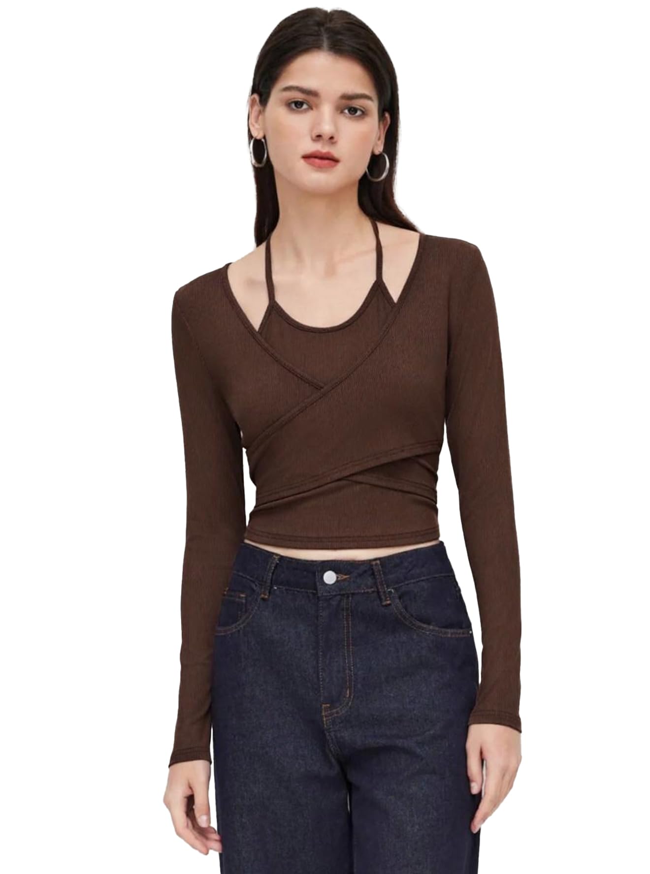 istyle can Women’s Halter Neckline Knotted Cross-Wrap Crop Top | Long Sleeve Fake Two-Piece Rib Knit Slim Fit Top | Solid White, Black, Brown | Y2K / Acubi Style-picture-43