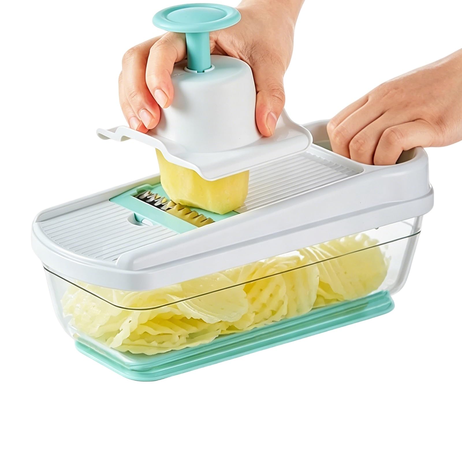 Mandolina de Cocina Profesional Cortador de Verdura, con Recipiente y Protector Manos, Fácil Limpiar, 6 Cuchillas Reemplazables, Cebolla, Utensilio Cocina Preparar Alimentos
