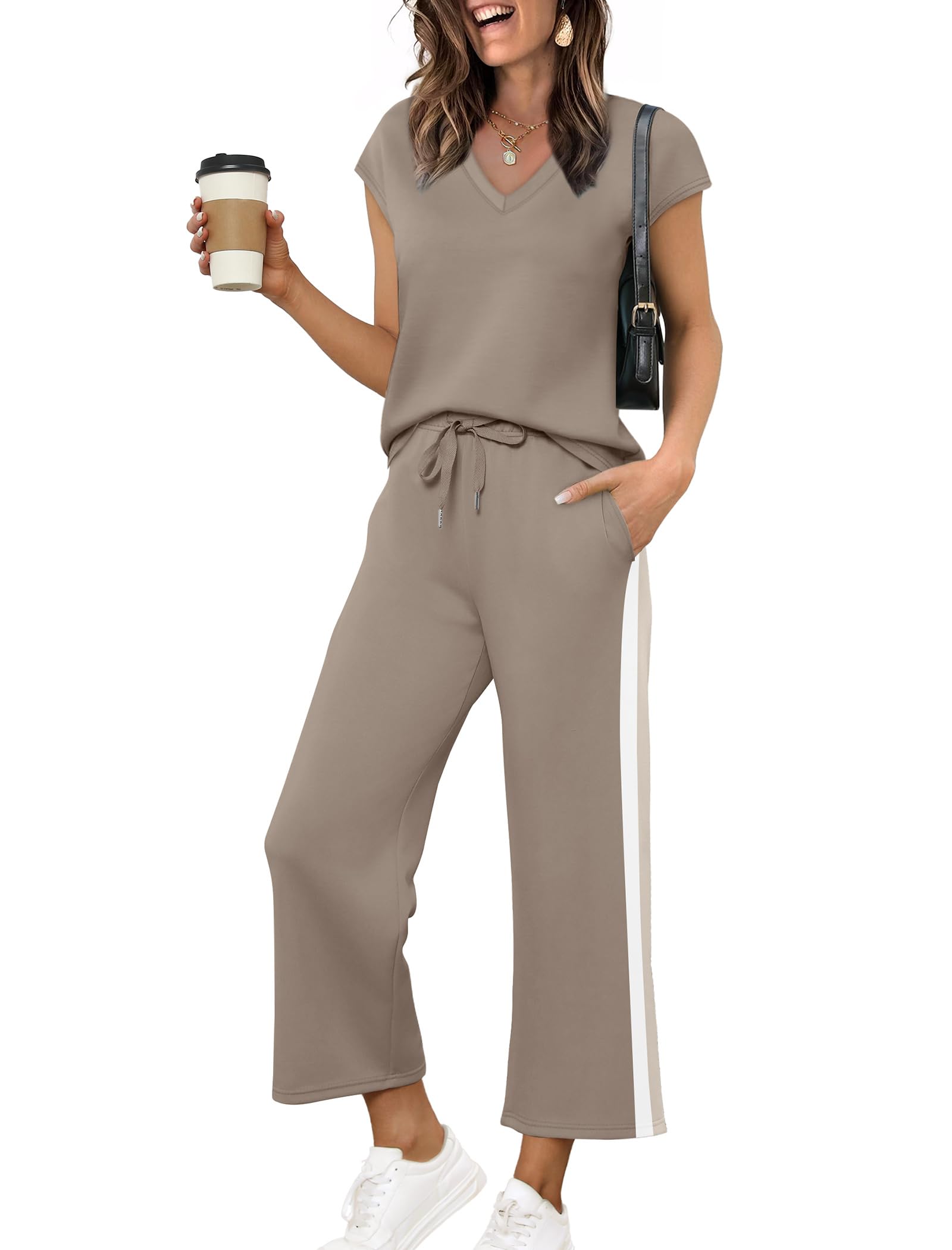 Saloogoe Two Piece Sets for Women Summer Outfits Lounge Sets V Neck Tops Wide Leg Pants Woman Vacation Travel Outfits