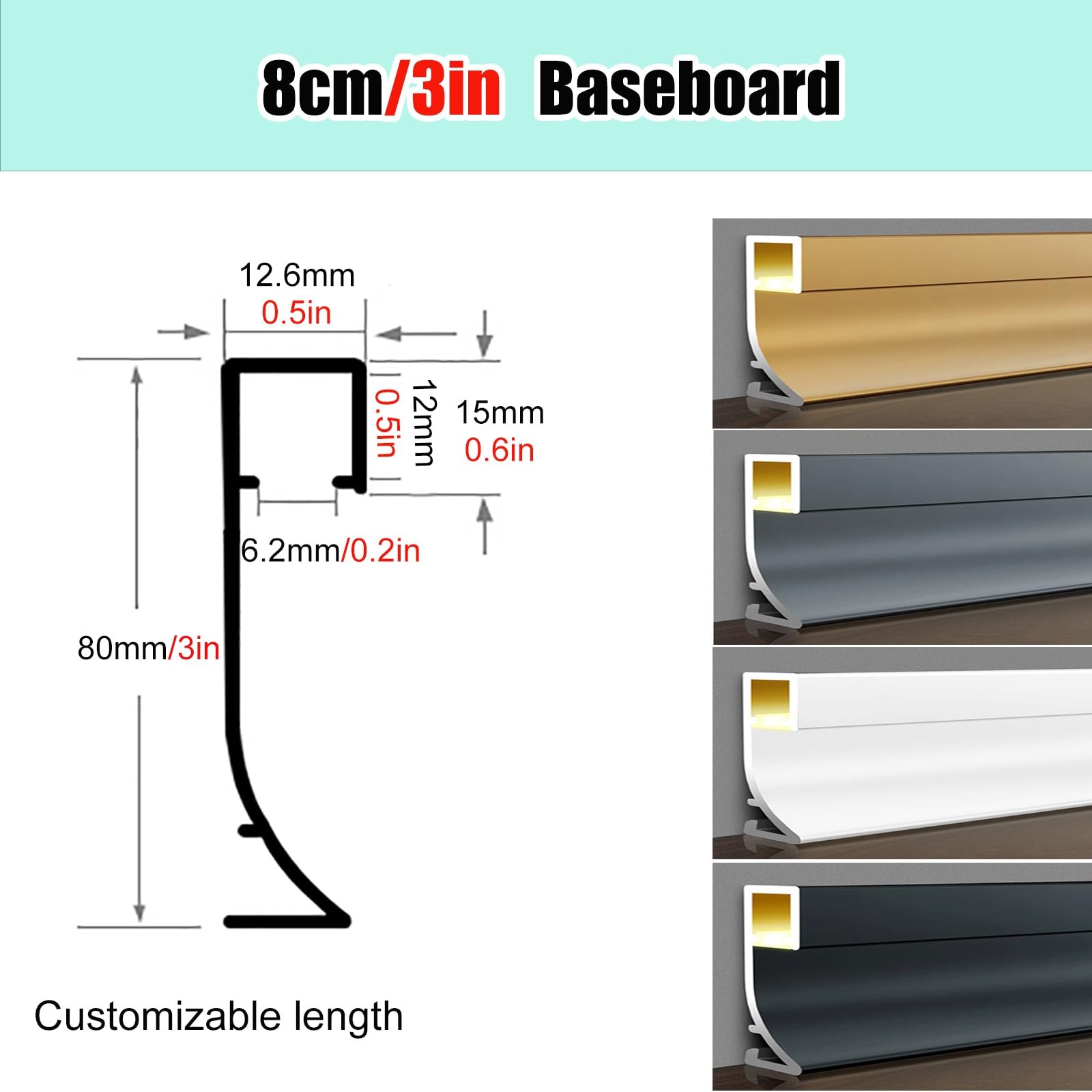 battiscopa Strisce Luminose Battiscopa Led, Cucina In Lega Di Alluminio Da 5 8 Cm, Modanatura Battiscopas Pavimento(C 8cm/3'',1.8 m/6ft)