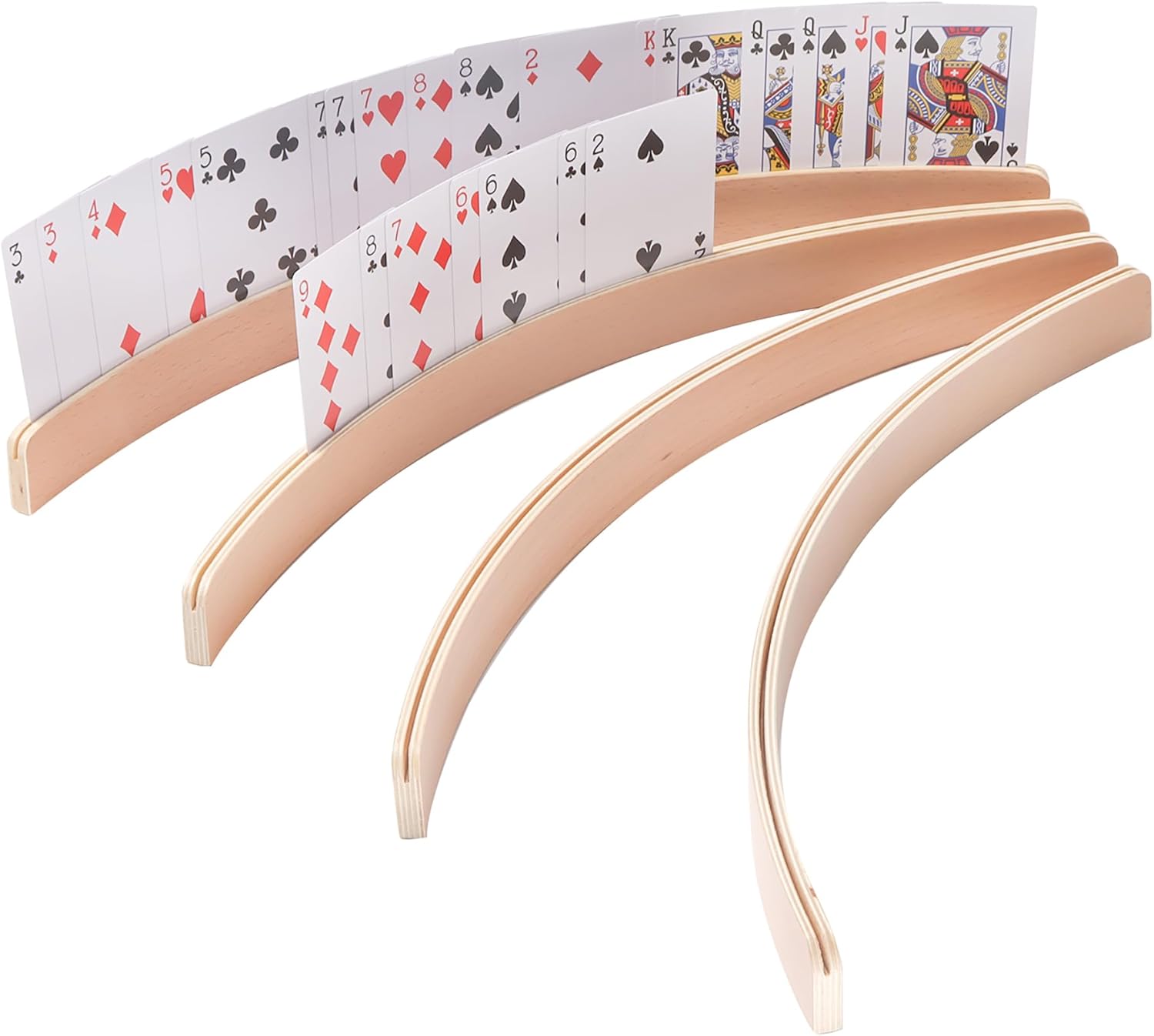 GSE Games & Sports Expert Set of 4 Playing Cards Holders, Wooden Playing Card Racks, Curved Playing Card Trays for Bridge, Hand & Foot, Rummy, UNO Card Games (17.5-Inch) 17" Card Holders