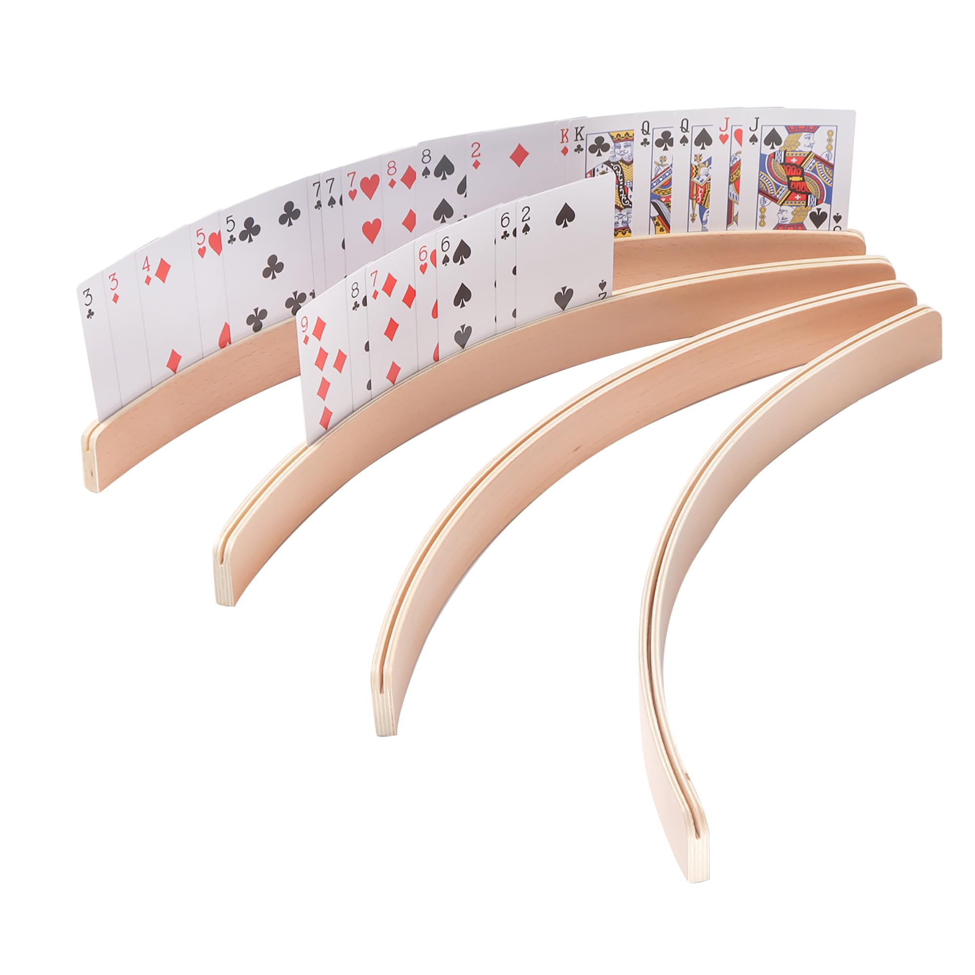 gse games & sports expert set of 4 playing cards holders, wooden playing card racks, curved playing card trays for bridge, hand & foot, rummy, uno card games (17.5-inch)