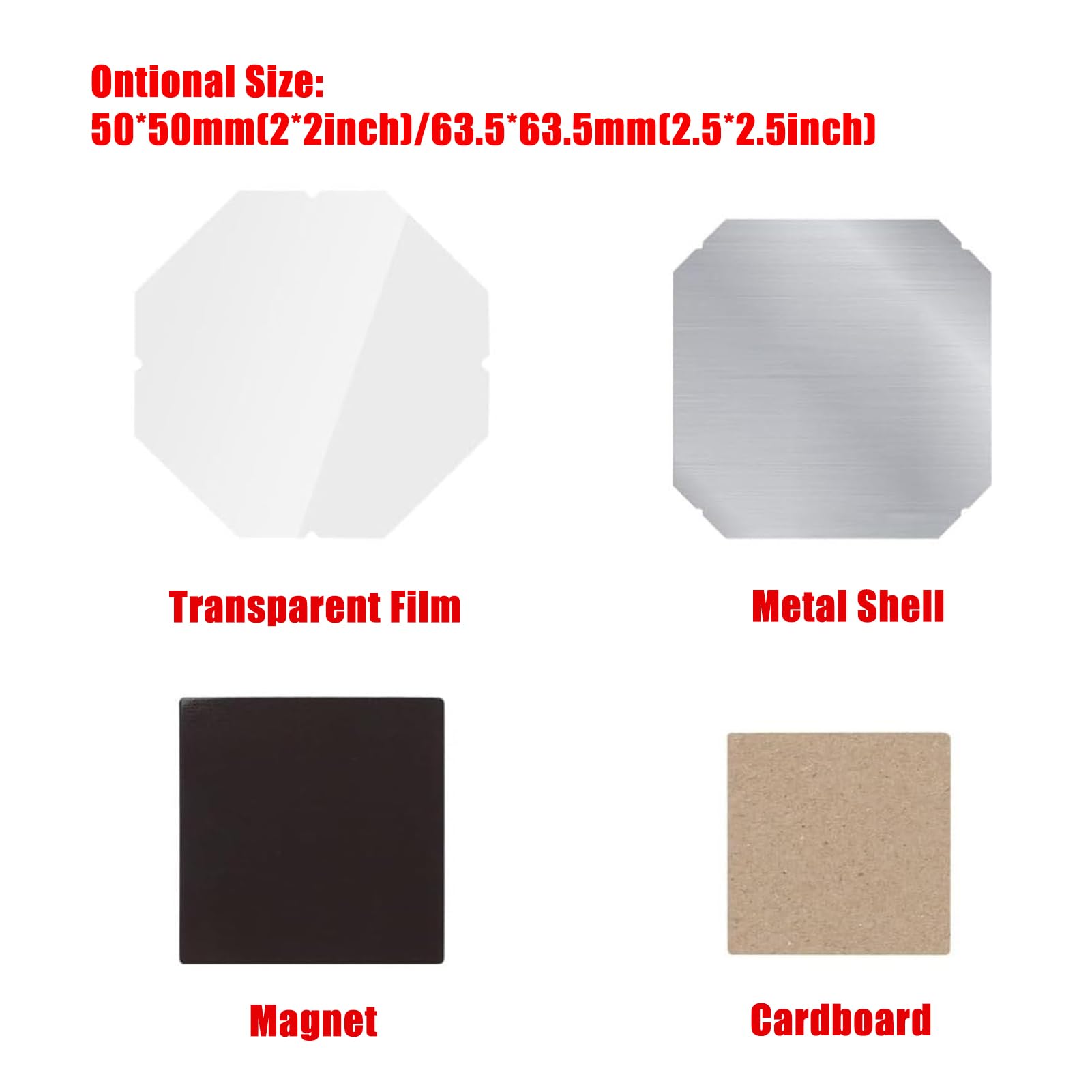 Zestawy do produkcji magnesów na lodówkę 5x5cm/6,35x6,35cm, magnes + karton + metalowa obudowa | 100/500/1000 Zestawy do maszyn do produkcji magnetycznych przycisków lodówki