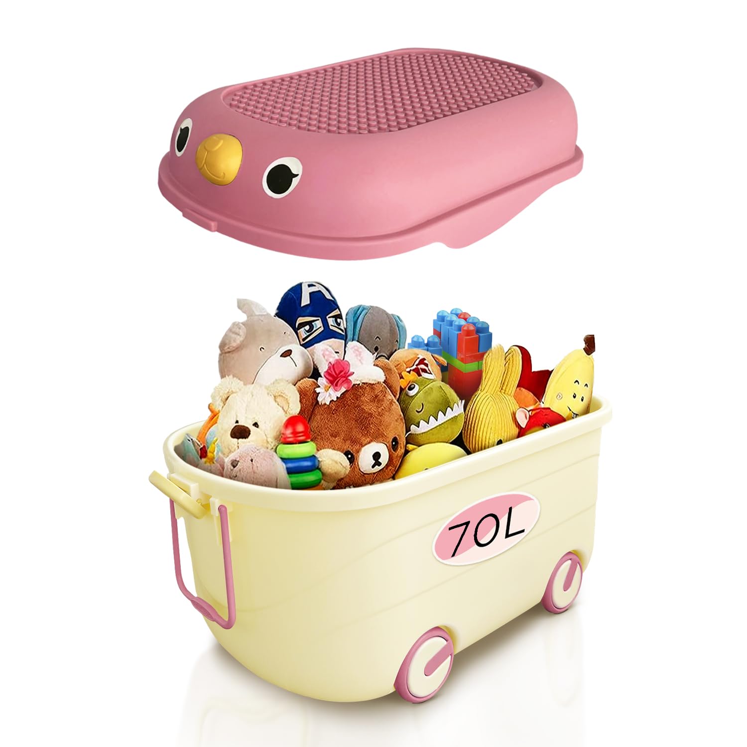 Froppi 70L Toy Box | Toy Storage with Lid | Kids Storage on Wheels | XL Size | Pink | L64 W42 H36 cm