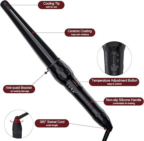 Miniatura 7 de LURA Varita rizadora de cerámica con revestimiento de turmalina, rizador de pelo de barril de 34-1 14 pulgadas con 2 ajustes de calor (320410 ),