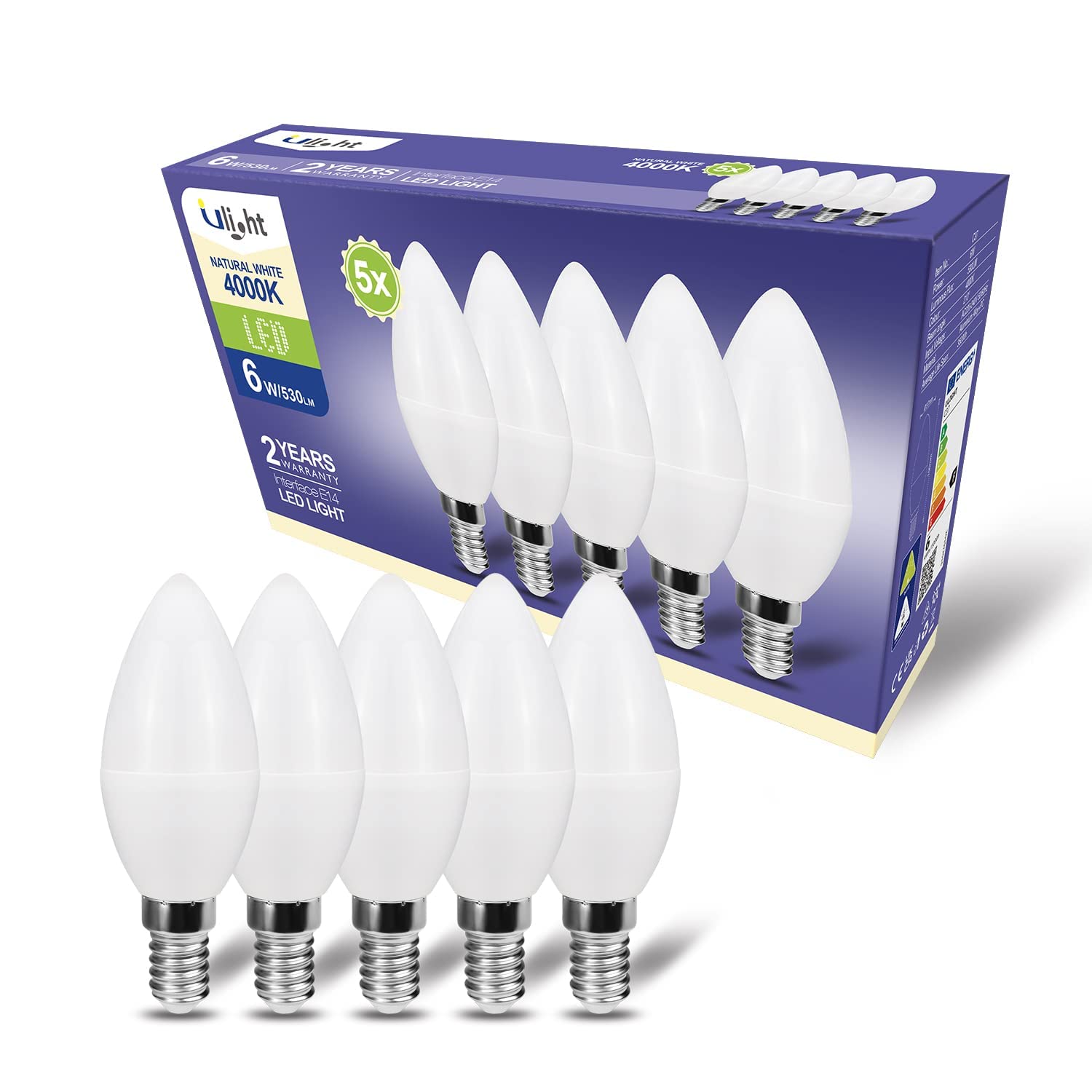 ULIGHT Lampadina LED E14 Oliva, 6W Equivalente a Incandescente da 50W, Luce Bianca Naturale 4000K, 530 Lumen, 220V-240V Non Dimmerabile, Fascio Luce 210°, Confezione da 5 Pezzi