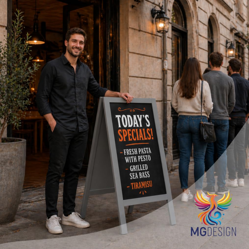 MG Design chevalet ardoise en bois peint en gris 60 x 120 cm – recto verso, pliable et effaçable – panneau publicitaire A-frame pour restaurant, commerce et événements