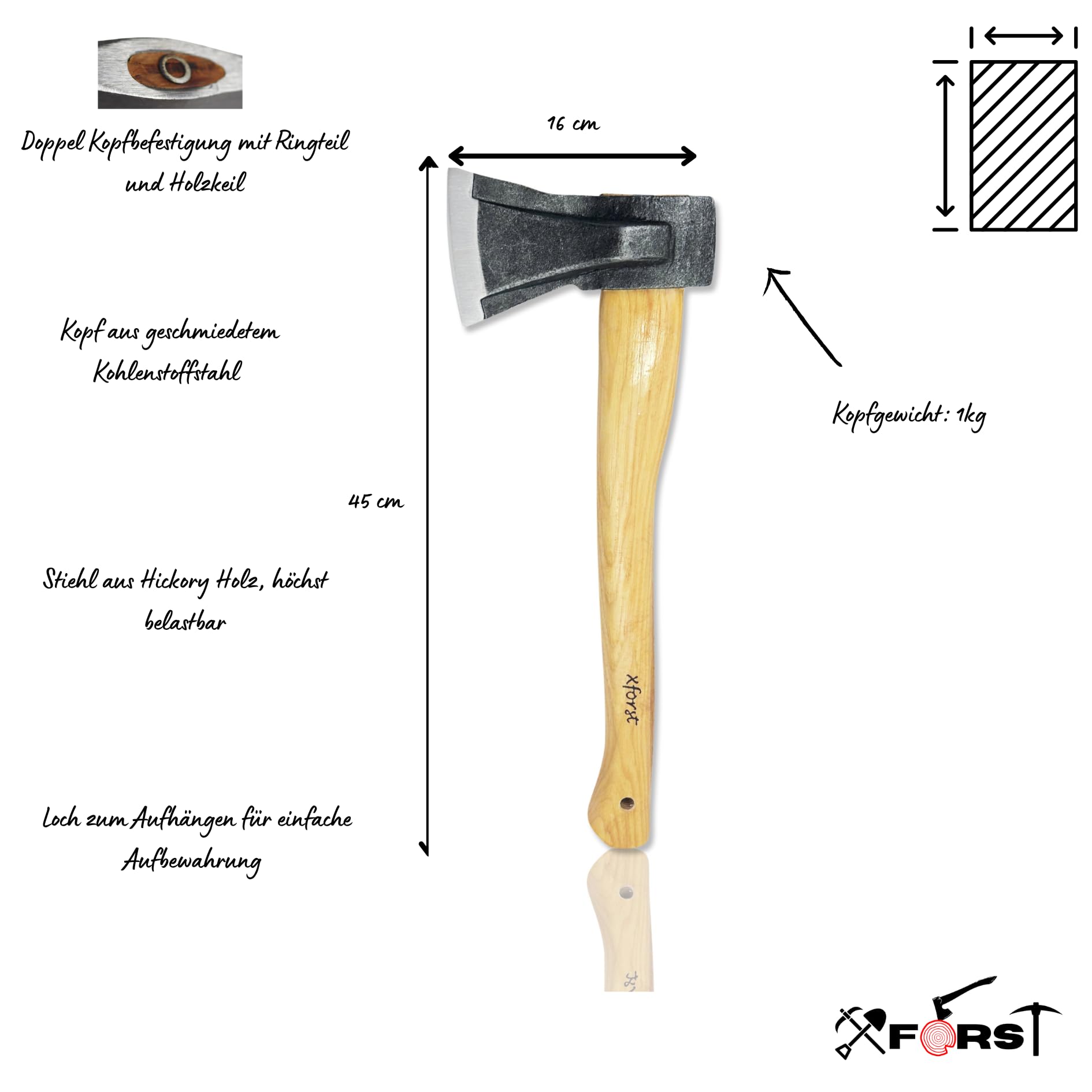 Xforst Hache de Fendage SA1 – Hache Forestière Professionnelle 45 cm | Tête Forgée en Acier au Carbone 1 kg | Manche en Bois de Hickory | Hache de Bûcheron et de Chauffage