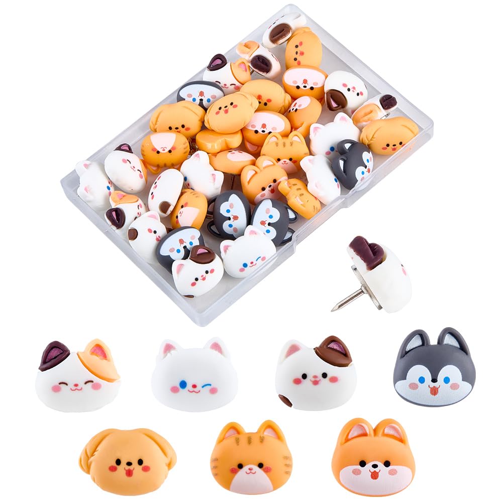SUNNYCLUE 1 Box 7 Styles 35Pcs Cat Push Pins Dog Thumb Tacks Bulk Cute Pet Animal Funny Fasten Cord Whiteboard Tack Decorative Pushpins for Bulletin Board Hanging Photo Picture Home Office Accessories