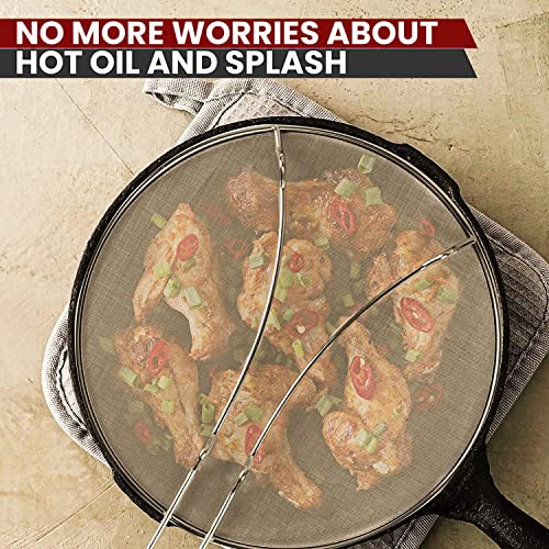13" Grease Splatter Screen For Cooking | Stainless Steel Oil Splatter Guard And Ultra-Fine Mesh Protects Skin From Burns | Silicone Red Handle #TOP3