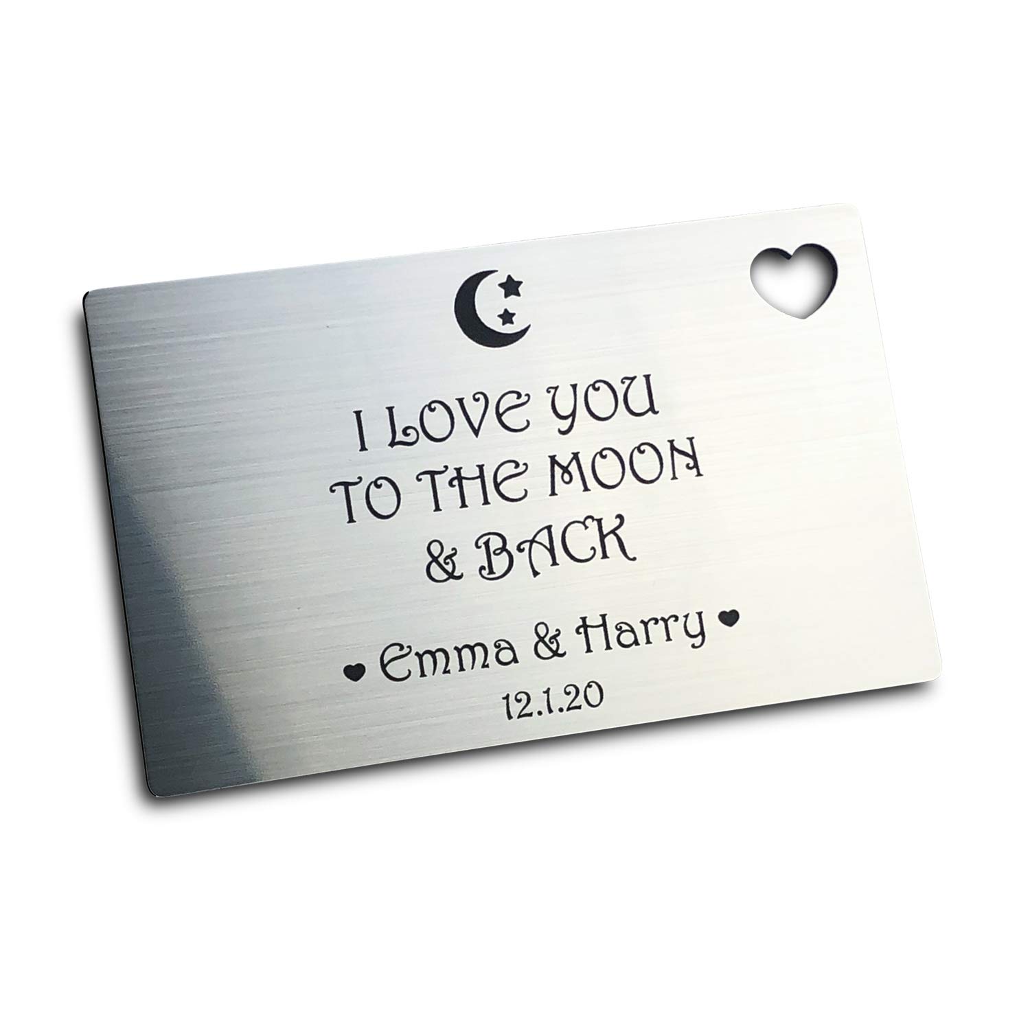 Personalised To The Moon & Back Quote Engraved Wallet Card Christmas Valentines Anniversary I Love You Gift For Him/Her Boyfriend Girlfriend With Heart Cut Out