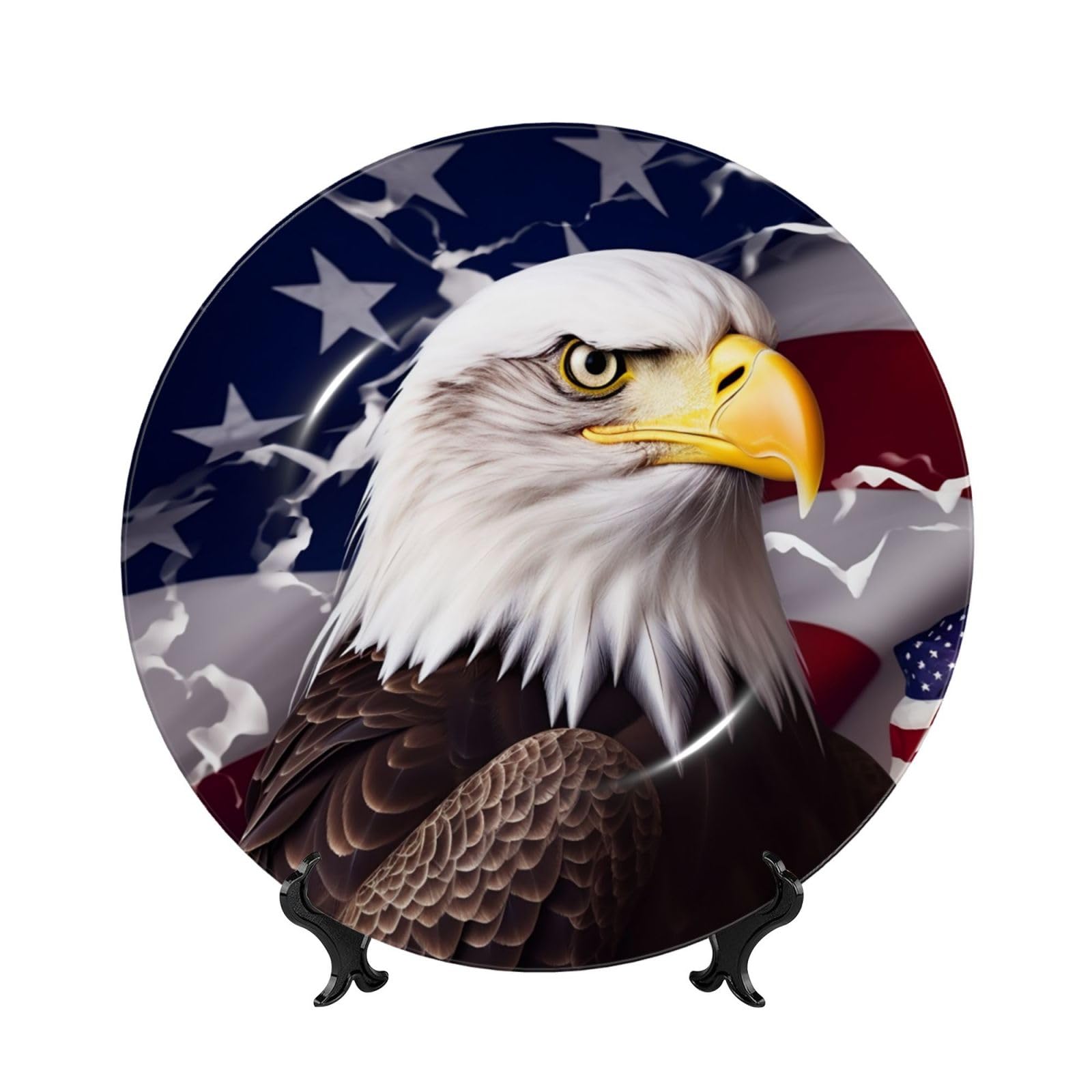 Dekorativer Teller aus Knochenporzellan mit US-Flagge und Weißkopfseeadlermotiv, personalisierbar, inklusive Ständer, 25 cm (10 Zoll)