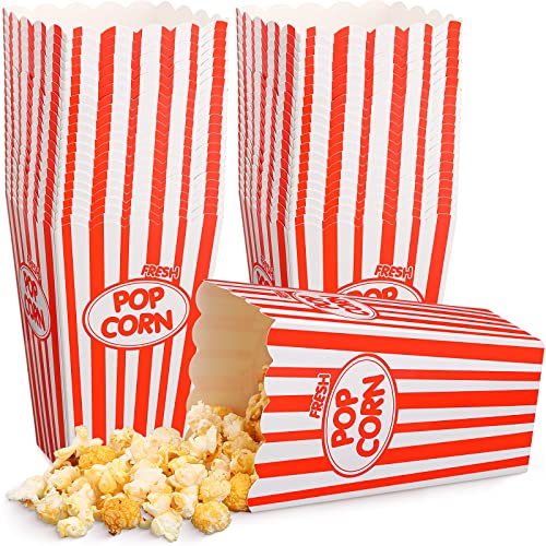 Image of Xinnun 100 Pcs Popcorn Boxes 32 oz Classic Stripe Paper Popcorn Buckets Bulk Disposable Oil Proof Container Vintage Retro Open Top Holders for Movie Night Supply Theater Carnival Party(Red)