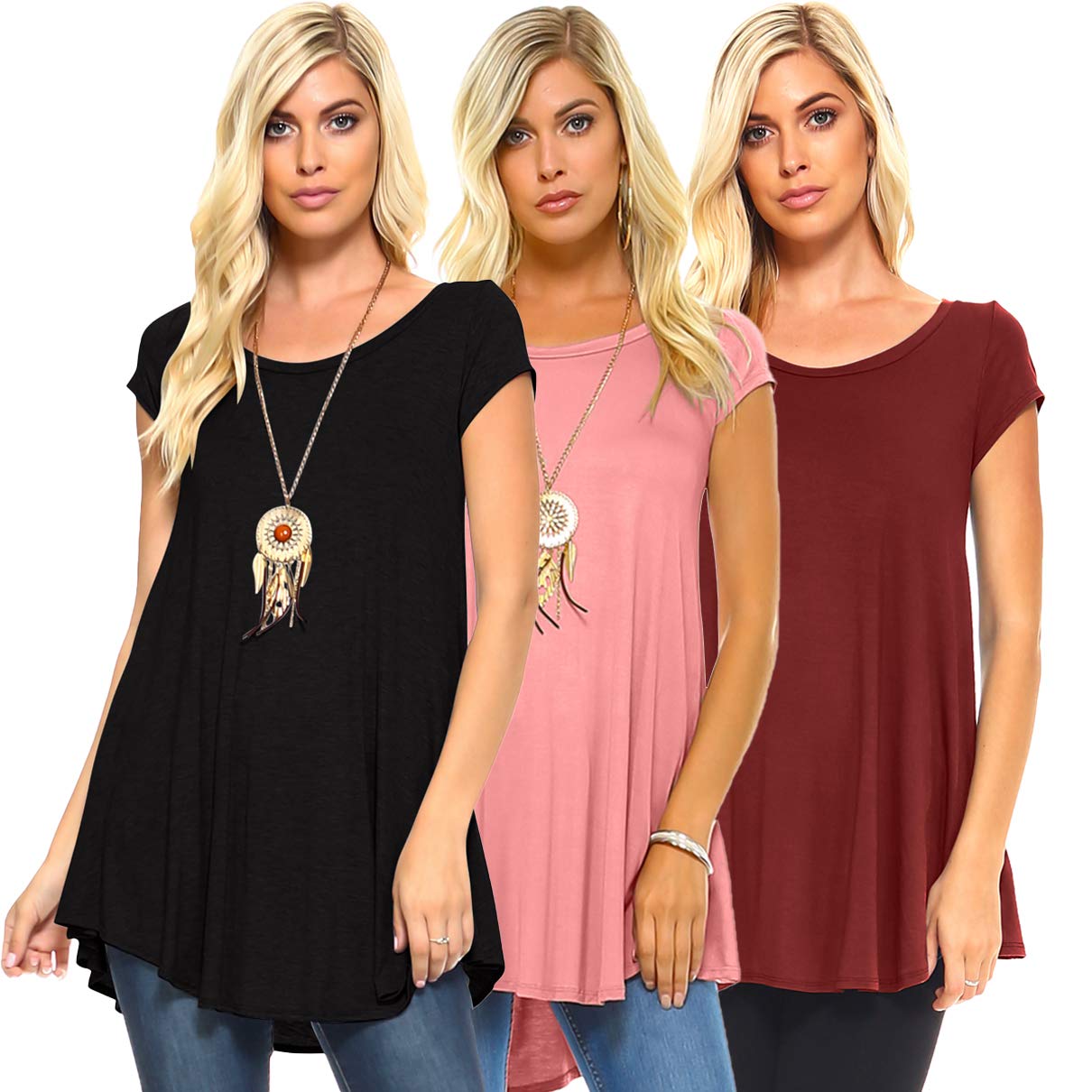 Women's Tunic Top – 3 Pack Casual Short Sleeve Scoop Neck Soft Flowy Swing Summer Blouse T Shirts Made in USA