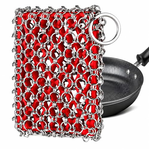 TEZZ Cast Iron Scrubber, Skillet Chainmail Scrubber for Cast Iron Pan - Chain Mail Scrubber Cast Iron Sponge - Metal Scrubber Cast Iron Skillet Cleaner, Wok, Frying Pans, Dutch Oven Cleaning Scrubber