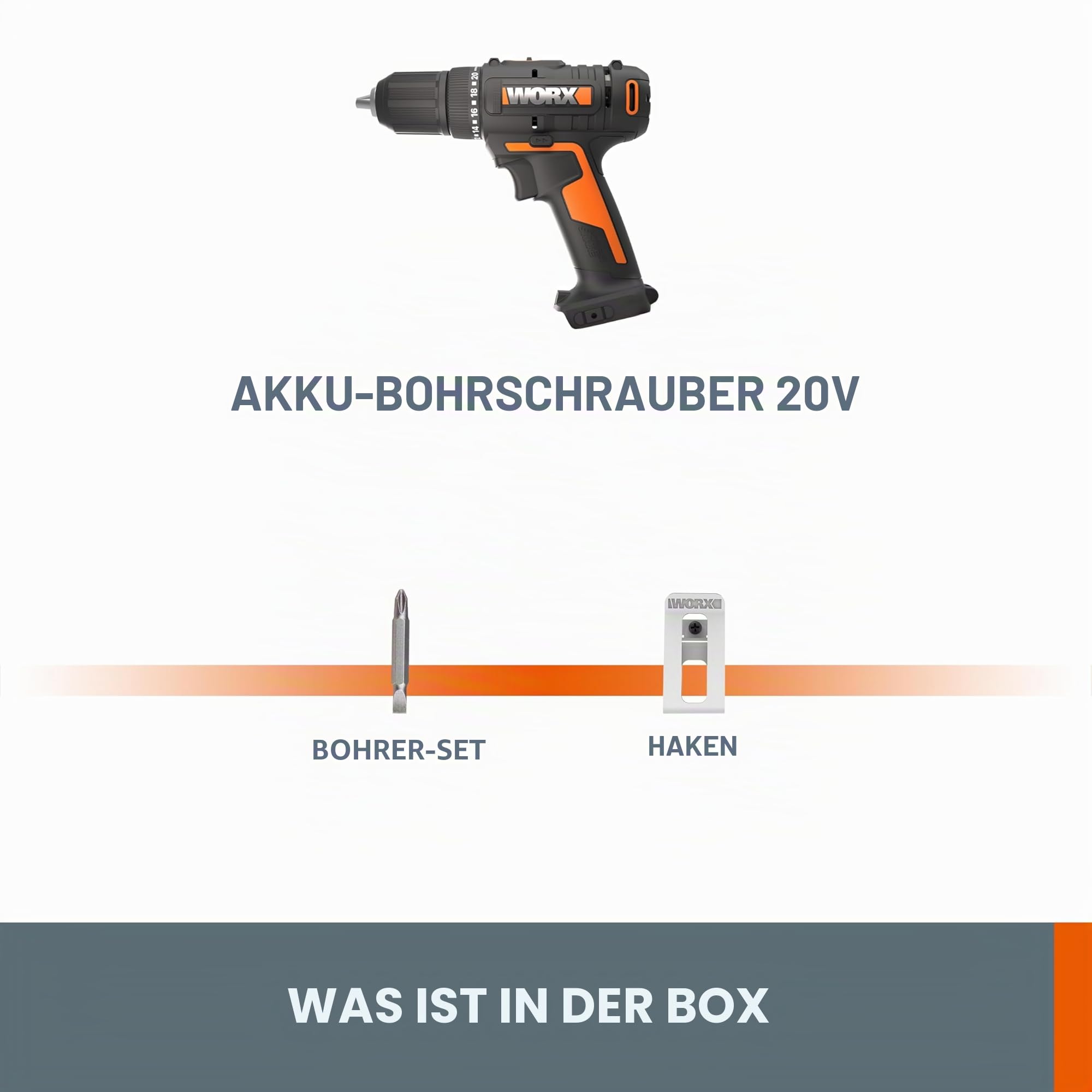 WORX WX108.9 Akku Bohrschrauber 20V – Allrounder Schrauber zum Bohren & Schrauben für Verschiedene Materialien – 2-Gang-Getriebe & 20+1 Drehmomenteinstellung bis zu 45Nm – ohne Akku & Ladegerät