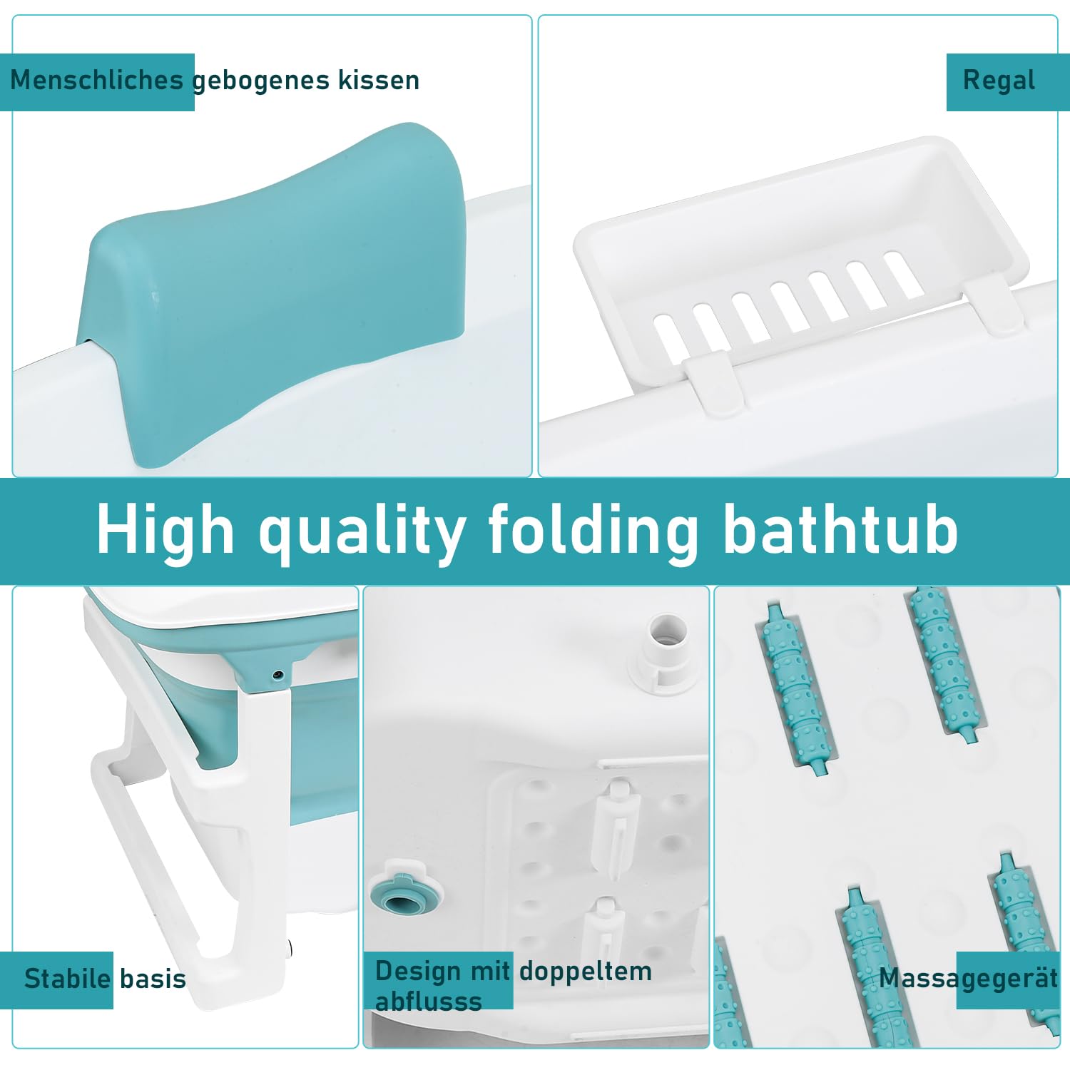 Faltbare Badewanne für Erwachsene - Praktisch mobile Badewann mit abnehmbarem Deckel sowie Seifenablage und Nackenstütze ausgestattet, Größe L, 118 * 60 * 50cm, Blau