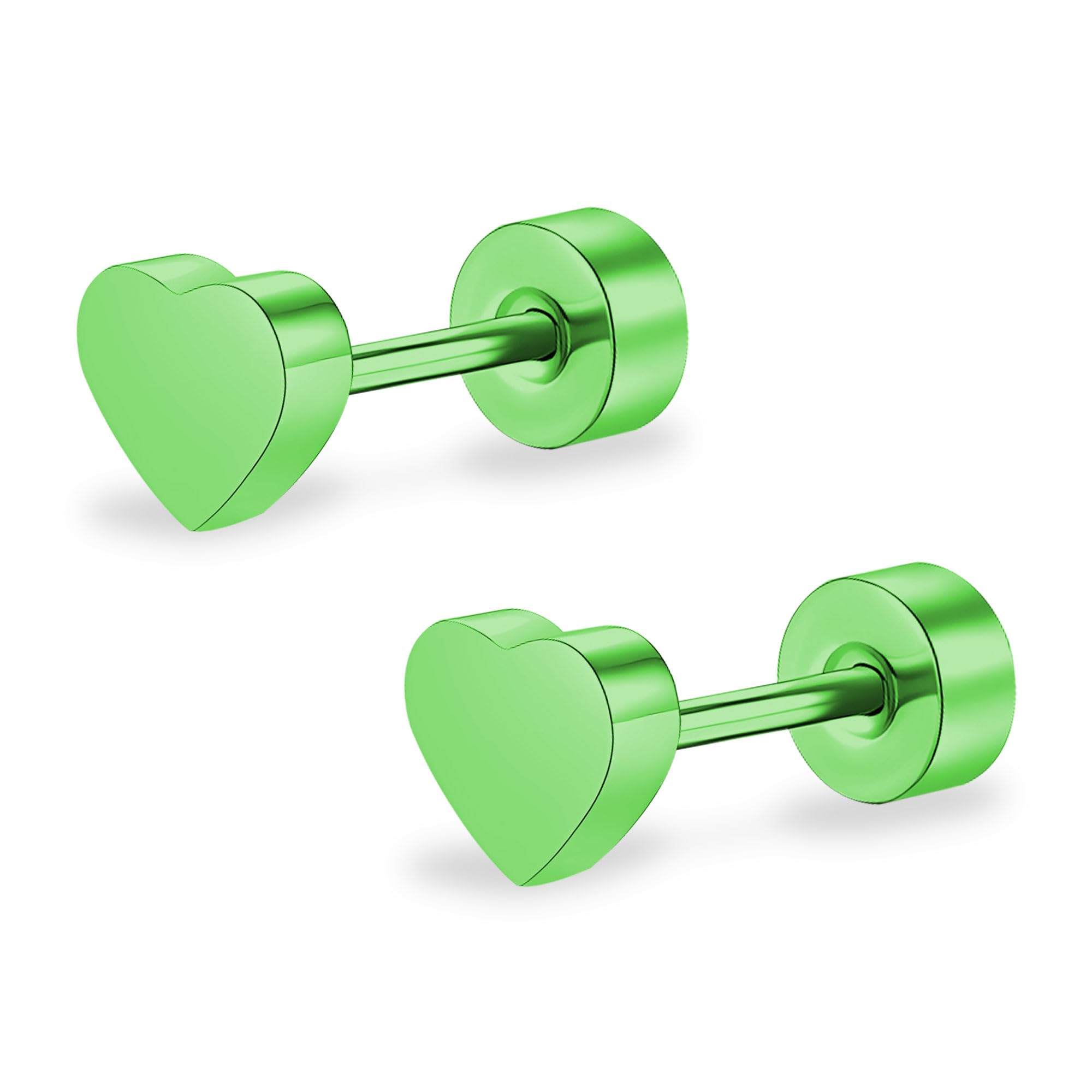 ZDE Titan Damen flach zurück Herz Ohrringe Frauen Nicht-Nickel Ohrringe hypoallergen Knorpel Ohrstecker für empfindliche Ohren einfache klassische 5mm flach Ohrstecker (Heart-Green)