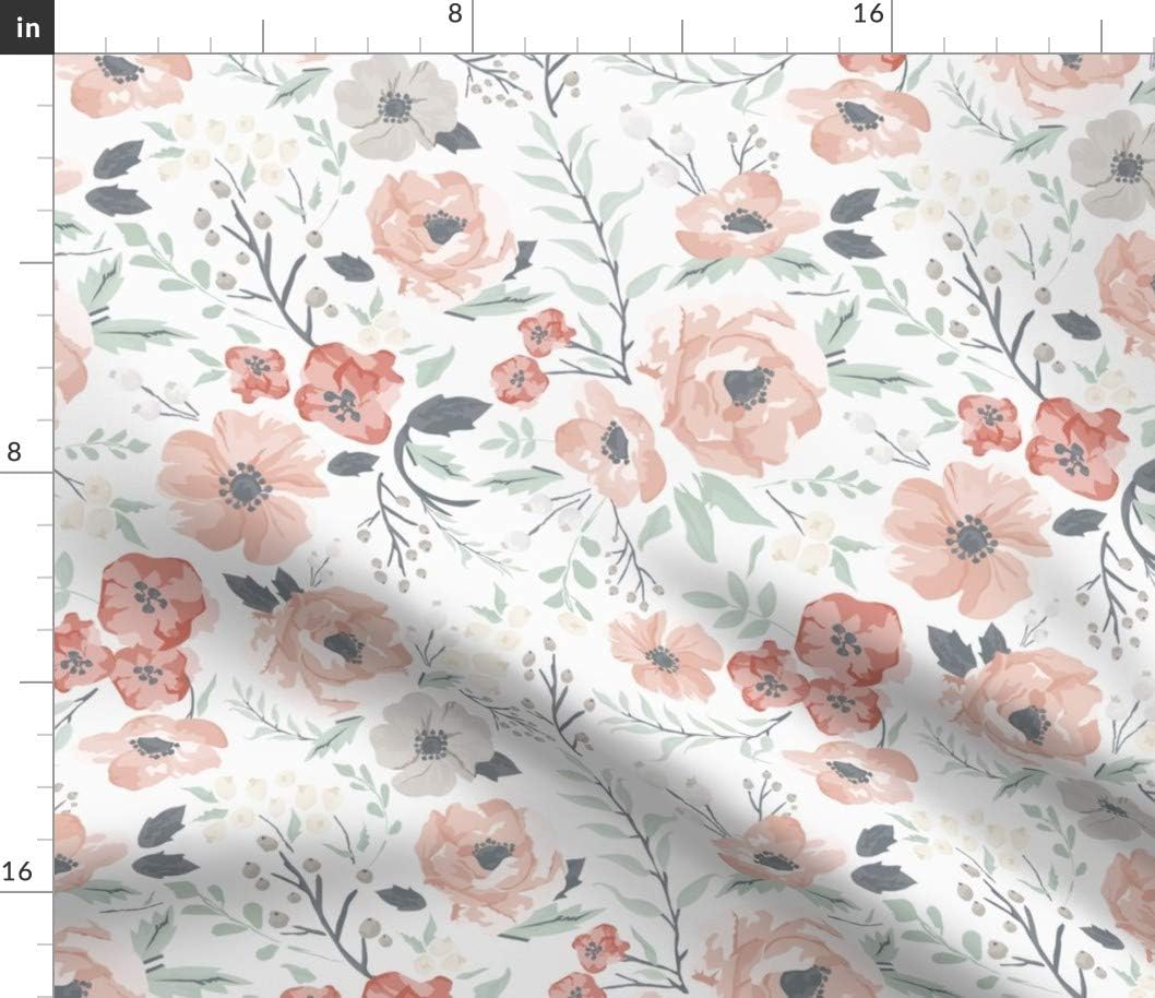 Spoonflower Fabric - Soft Meadow Floral Hibiscus Coral Girl Sage Berries Flowers Blush Pink Printed on Petal Signature Cotton Fabric by The Yard - Sewing Quilting Apparel Crafts Decor