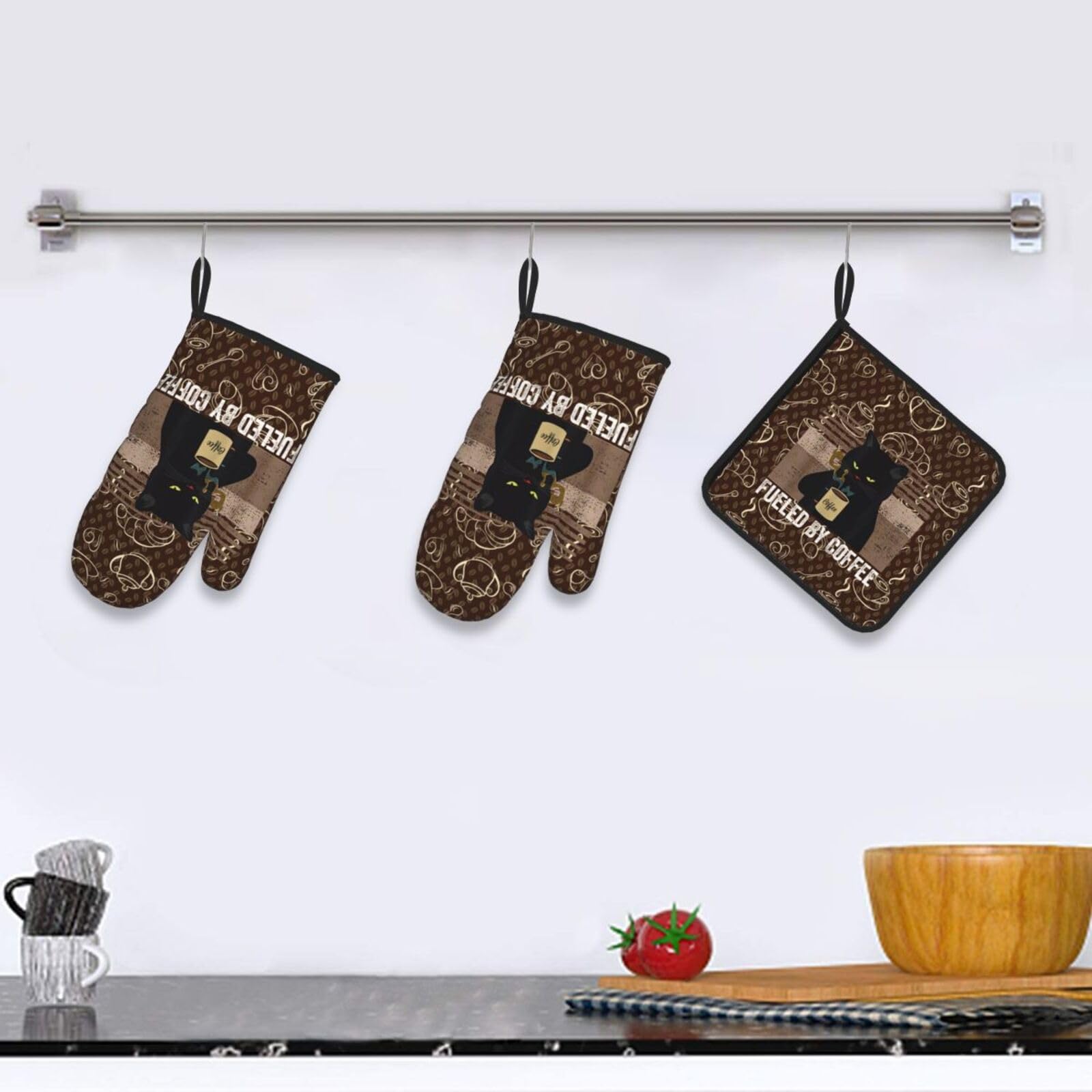 Ofenhandschuhe und Topflappen, Vintage-Katzen-Set, 3er-Set, Retro-Kaffee-Pads, Ofenhandschuhe, hitzebeständig, rutschfest, waschbar, für Küche, Kochen, Grillen, Backen