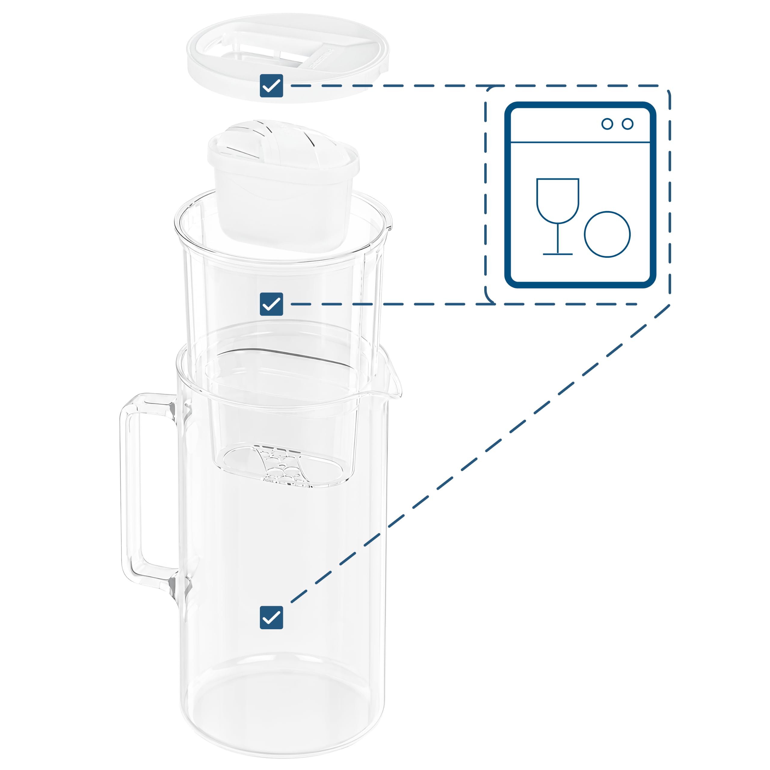 Wessper Carafe filtrante en verre 3 l compatible avec les cartouches filtrantes Brita - Avec 1 cartouche filtrante - Réduit le calcaire et le chlore - Blanc