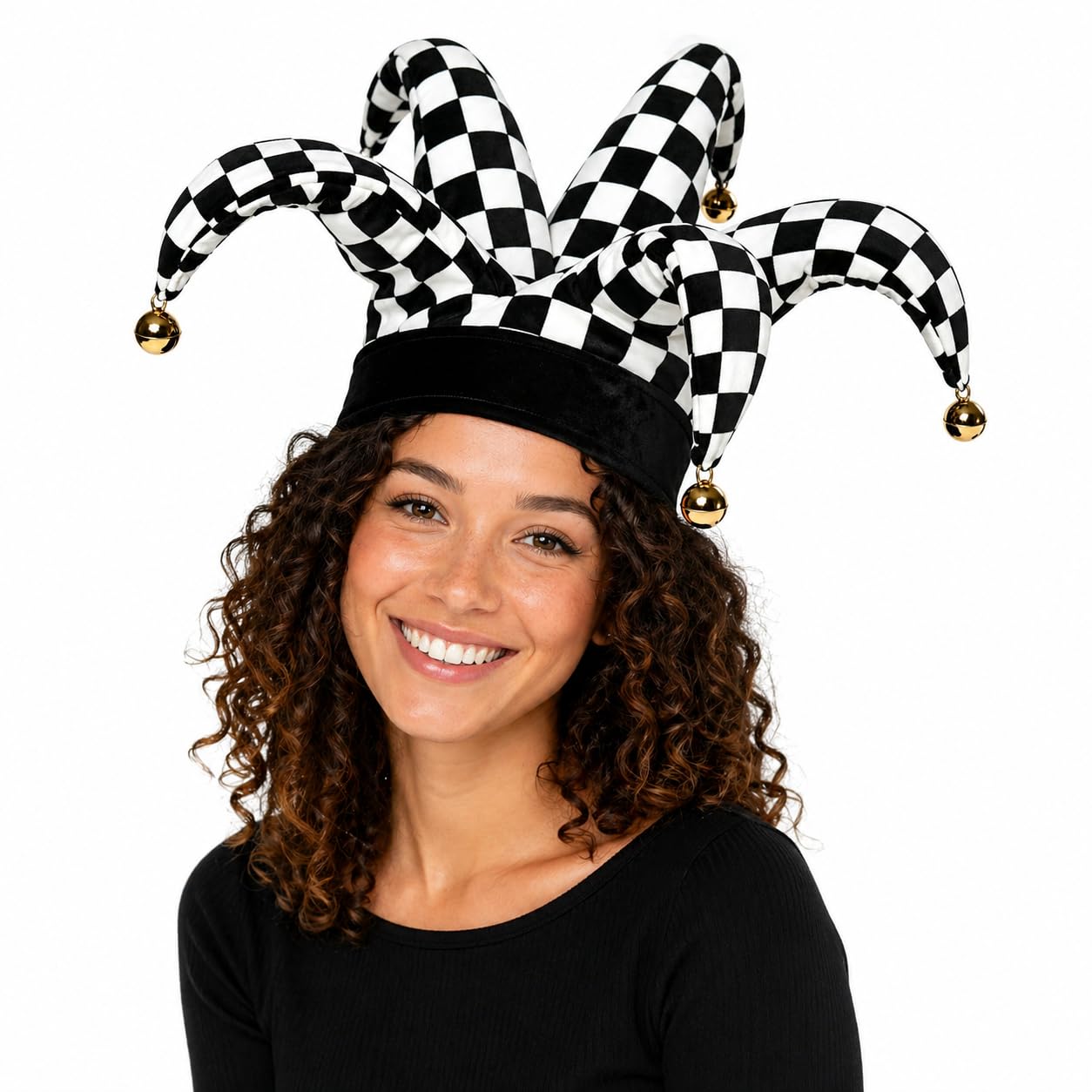 ANDHOM Jester Hat Clown Joker Costume Accessory with Bells for Halloween Christmas Carnival Mardi Gras Cosplay (02 Black&white) — image 1