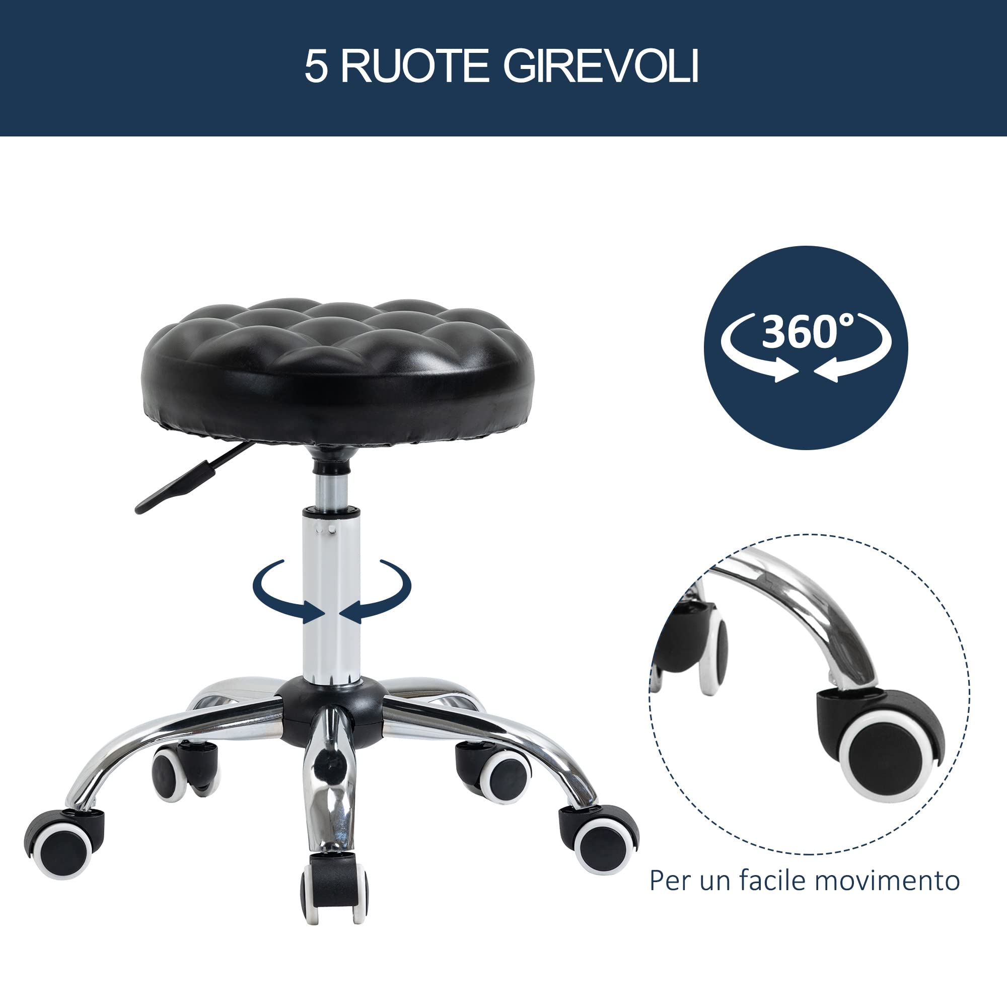HOMCOM Sgabello ad Altezza Regolabile con 5 Ruote Girevoli, in Acciaio, Gommapiuma e pelle PU, Ф48x47-59Acm, Nero