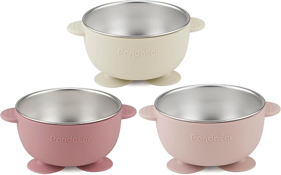 PandaEar 3 Pack Stainless Steel Baby Suction Bowls with 3 Spoons, Stay Put Silicone Food Bowl Babies Led Weaning Supplies for Kids Toddlers, BPA-Free - Pink Rose Linen
