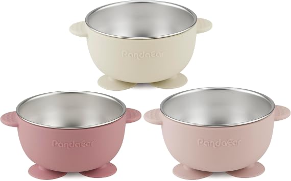 PandaEar 3 Pack Stainless Steel Baby Suction Bowls with 3 Spoons, Stay Put Silicone Food Bowl Babies Led Weaning Supplies for Kids Toddlers, BPA-Free - Pink Rose Linen