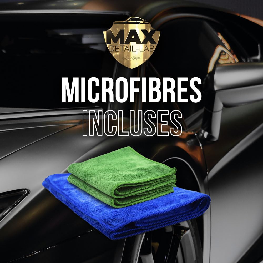 MAX DETAIL-LAB - Exterior Pack - Kit Nettoyage Voiture Extérieur Accessoires Microfibre, Nettoyant Jantes, Shampoing Carrosserie, Cire Liquide Quickdetailer, APC, Produit Detailing Auto Moto